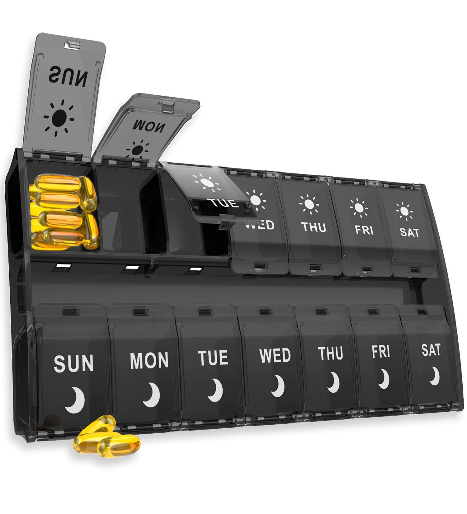 XL Large Pill Organizer 7 Day Weekly AM PM Medicine Box - 14 Compartments, Hinged Lids - Black - Buy Online on GoSupps.com