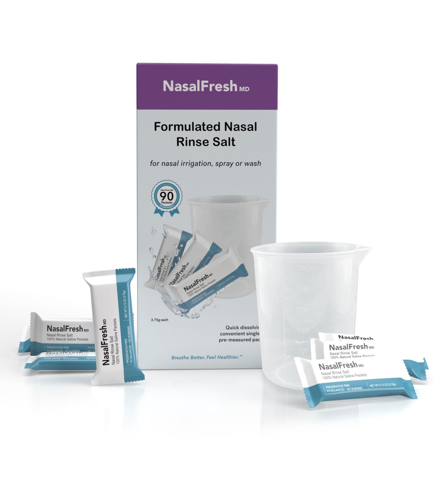 NasalFresh MD - Saline Packets - Quick Dissolving - Single Use - Pre-Measured - Nasal Irrigation - Individually Wrapped (3.75g/1.3oz) - 90 Count Refill Packets - 300mL Cup 90 Saline Packets - 300ml Cup - Buy Online on GoSupps.com
