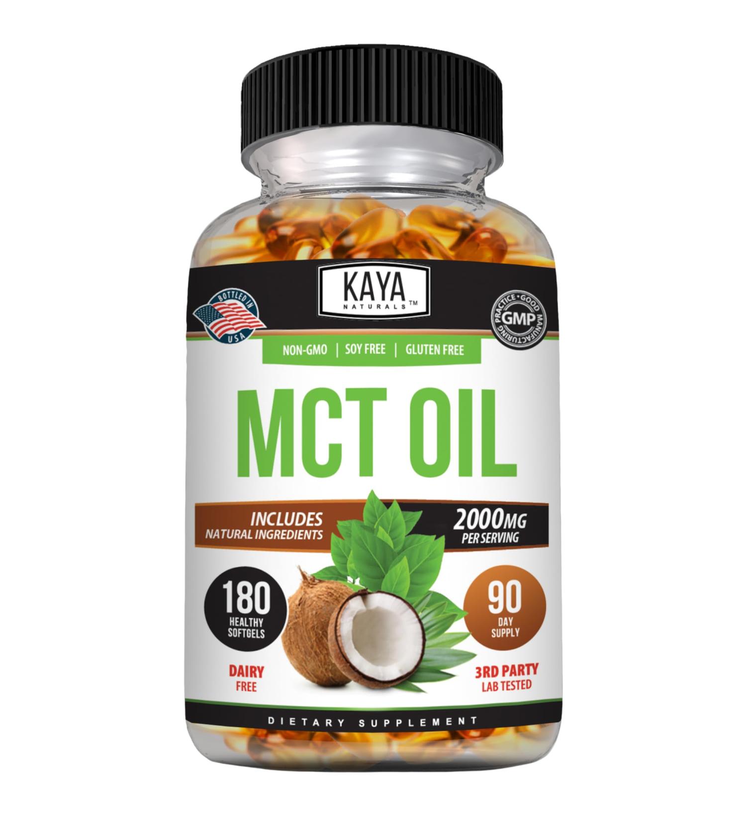 Kaya Naturals MCTOil 2000mg - Non-GMO Soy-Free Gluten-Free - Brain Digestive & Skin Health - 180 Softgels - Buy Online on GoSupps.com