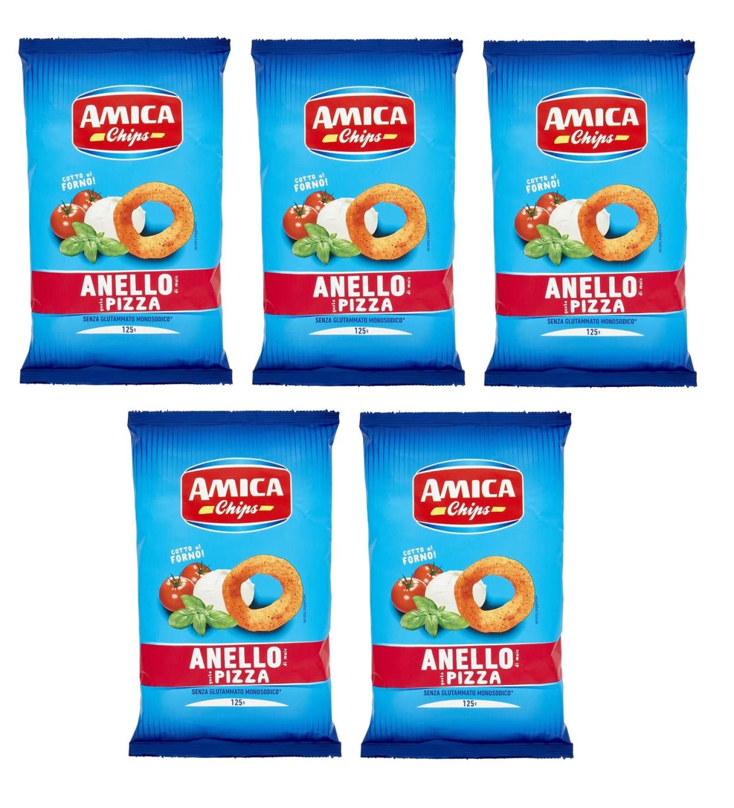 Amica Chips Anello Pizza Pack of 5 corn snacks with pizza flavors salty snack 125 g - Buy Online on GoSupps.com