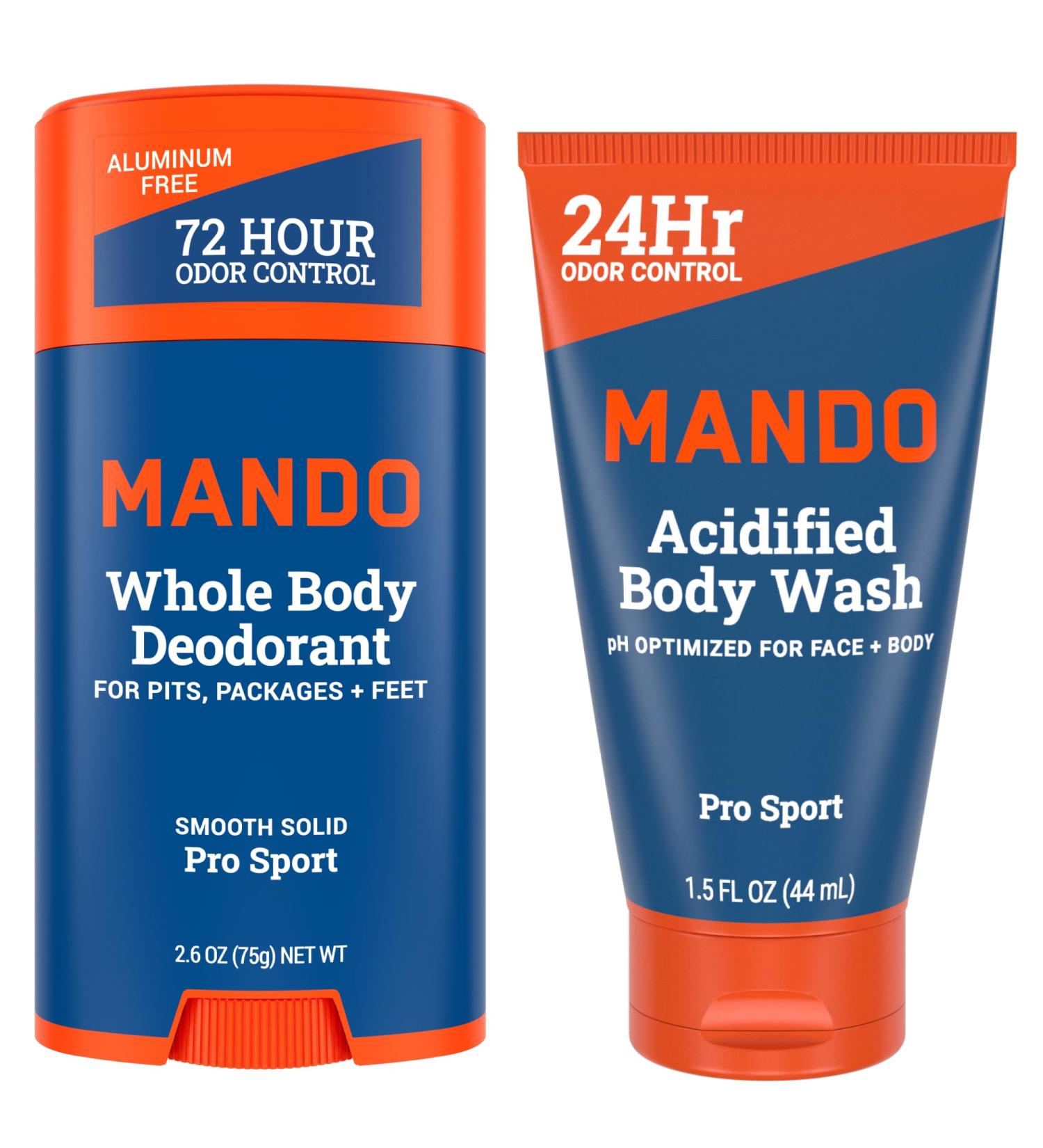 Mando Smooth Solid Stick (2.6 Ounce) + Acidified Body Wash (1.5 Ounce) - Clinically Proven to Block Odor All Day - Whole Body Safe For Pits Packages + Feet (Pro Sport) - Buy Online on GoSupps.com