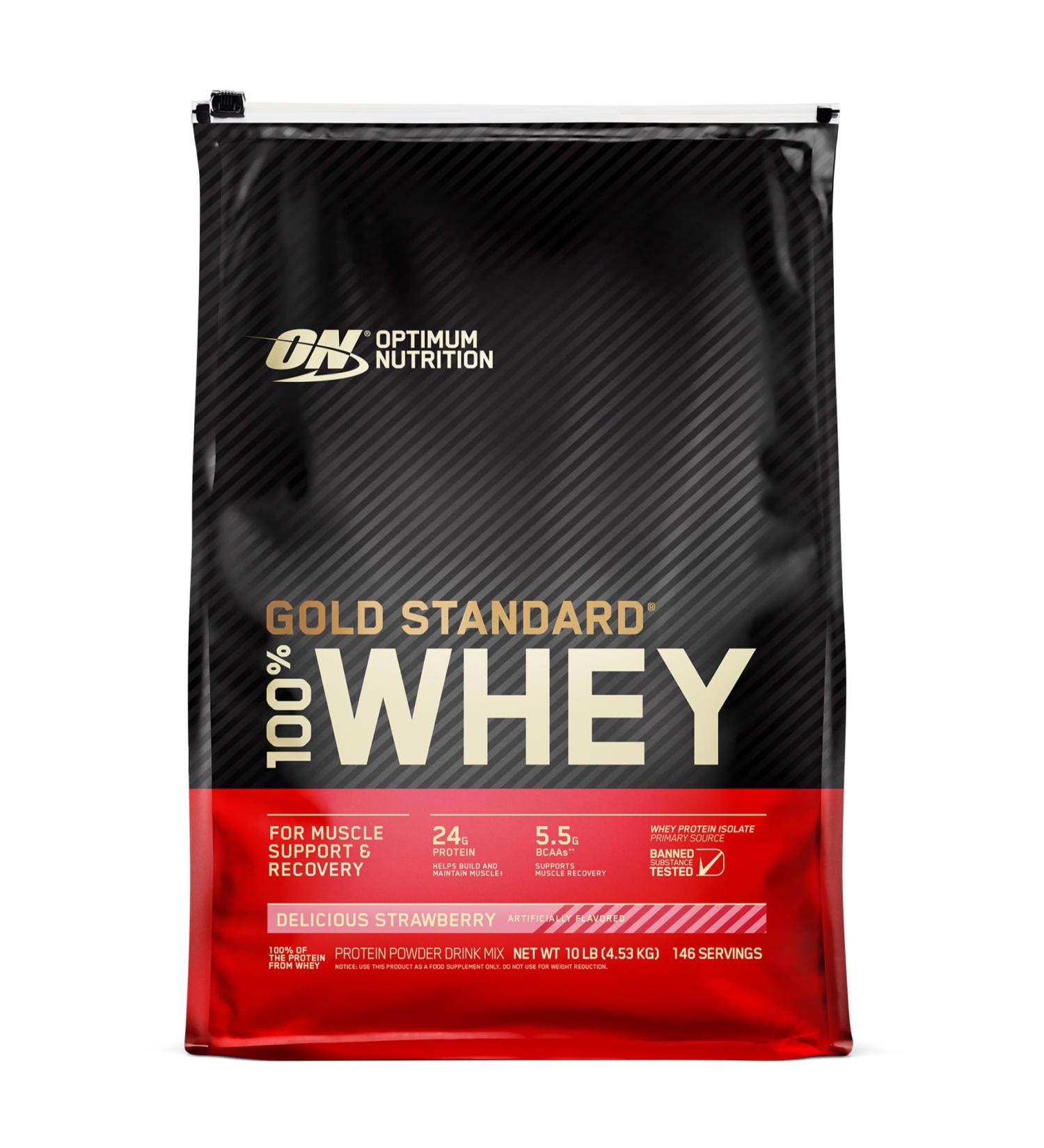 Optimum Nutrition Gold Standard 100% Whey Protein Powder - Delicious Strawberry Flavor, 151 Servings, 4.53kg - Buy Online on GoSupps.com