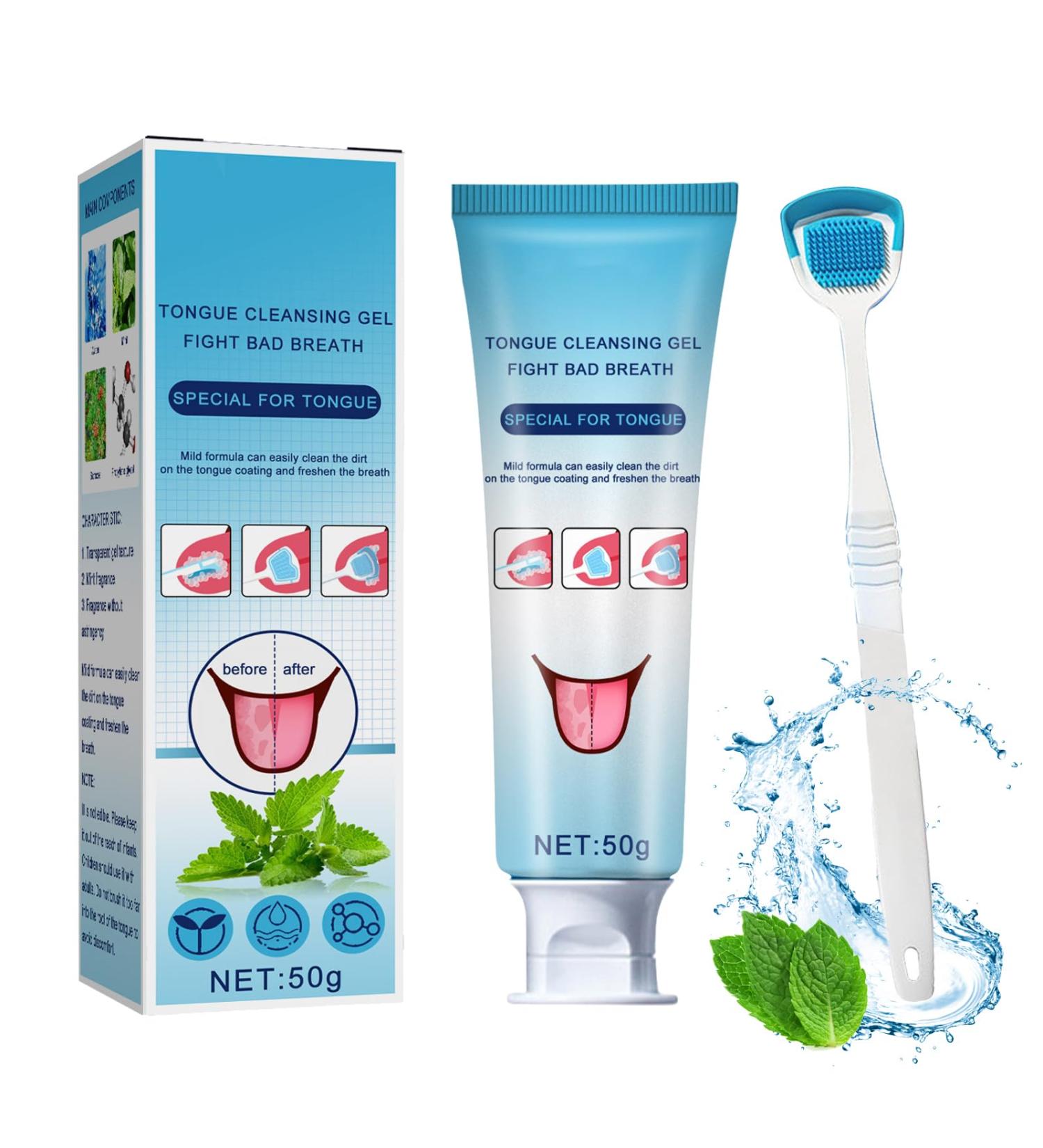 Effective Tongue Cleansing Gel & Brush Set | Antibacterial Cleaner Against Bad Breath & Tongue Coating | Tooth Whitening Support - Buy Online on GoSupps.com