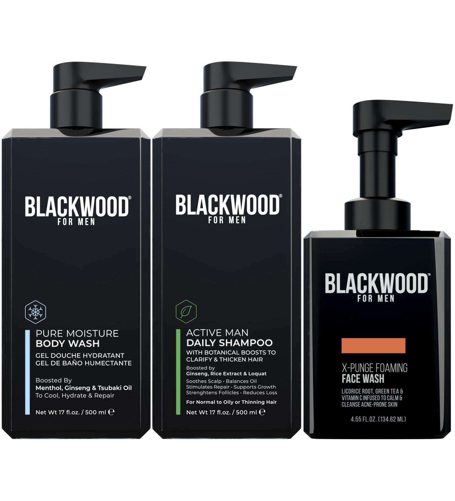 Blackwood For Men Pure Moisture Body Wash (17 oz) Active Man Daily Shampoo (17 oz) and X-Punge Foaming Face Wash (4.55 oz) Bundle for Men - Buy Online on GoSupps.com