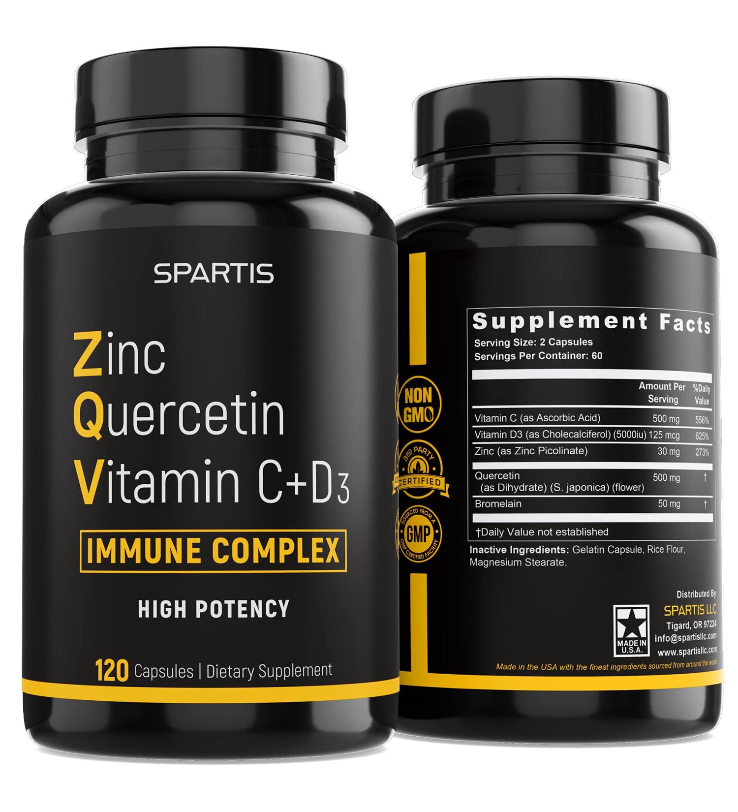 SPARTIS High Potency Zinc Quercetin 500mg with Vitamin C, D3, and Bromelain - Immune Support Supplement - 120 Caps - Buy Online on GoSupps.com