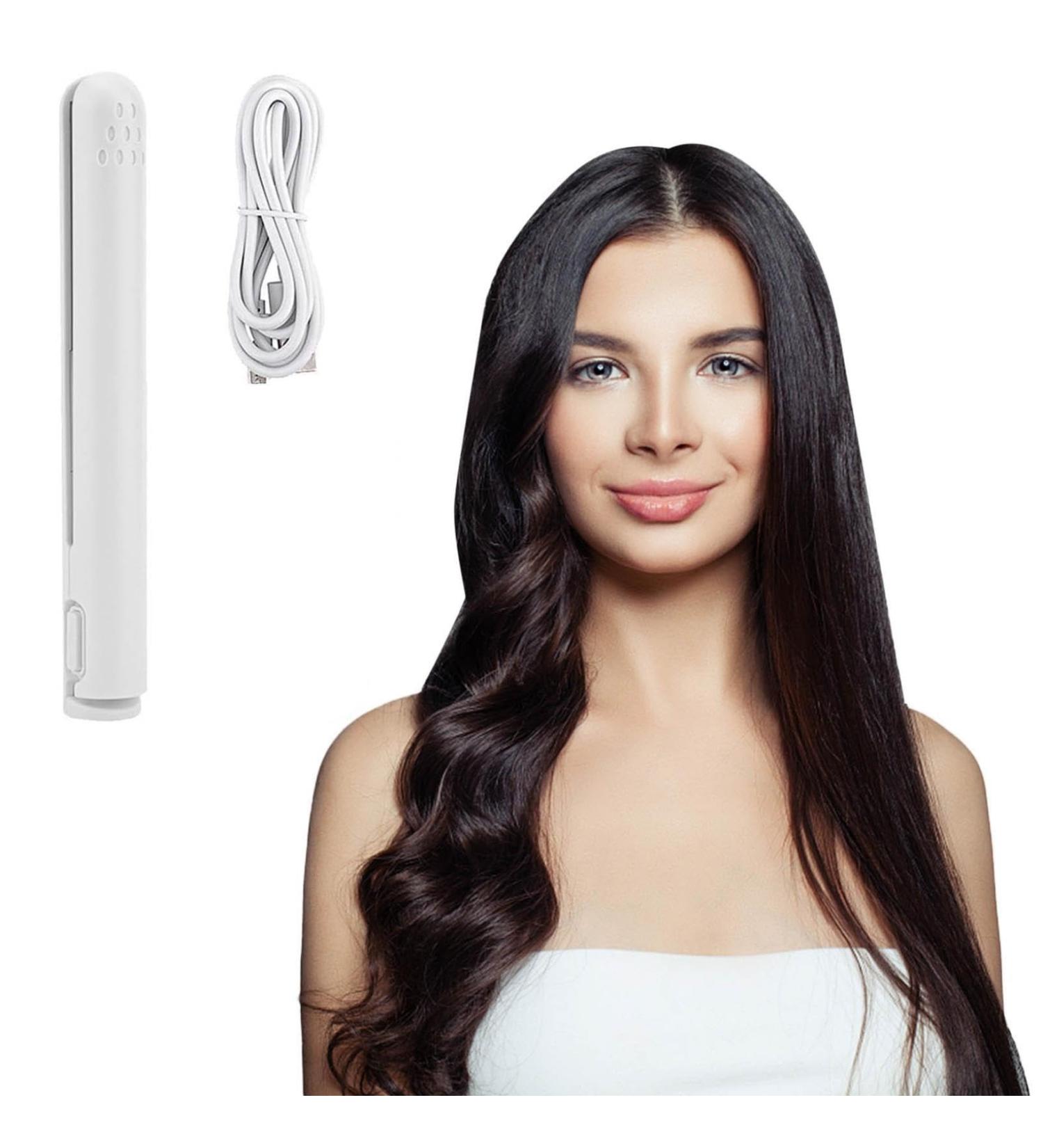 Mini Dual-Purpose Curling Iron & Hair Straightener - Portable 2 in 1 Ceramic Curler for Travel - USB Rechargeable Ideal for Long & Short Hair (White - Buy Online on GoSupps.com