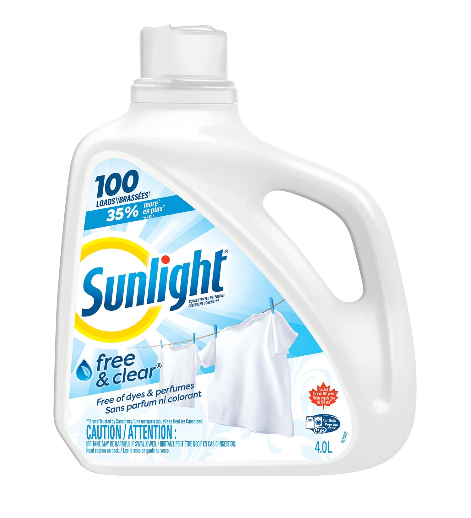 Sunlight Free and Clear Liquid Detergent (100 Loads 4.0L) Gentle Laundry Detergent with Sensitive Formula and Stain Remover Hypoallergenic Yellow Unscented 4 l (Pack of 1) - Buy Online on GoSupps.com