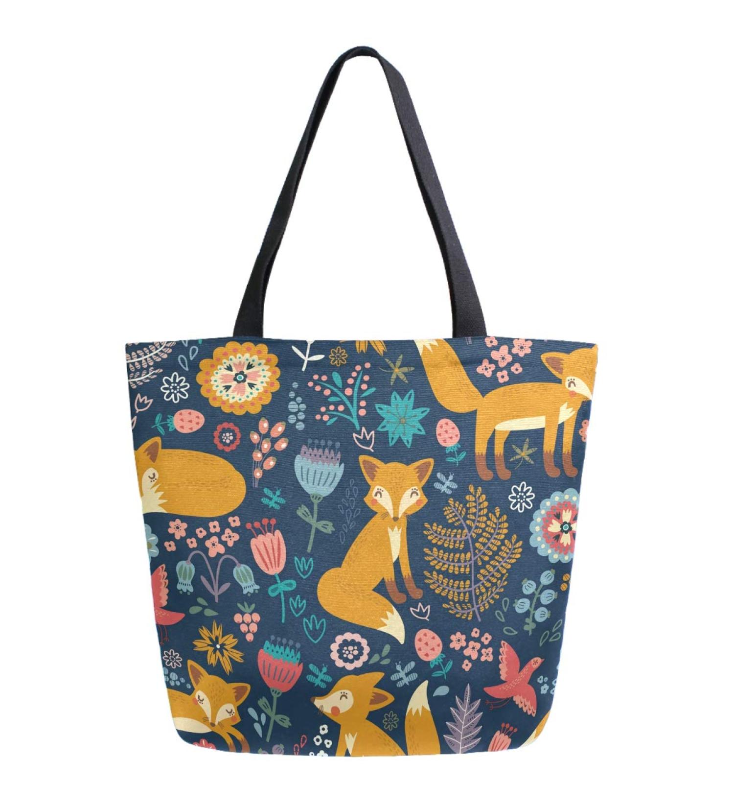 Cute Forest Fox Floral XL Canvas Tote Bag for Gym, Beach & Travel - Buy Online on GoSupps.com