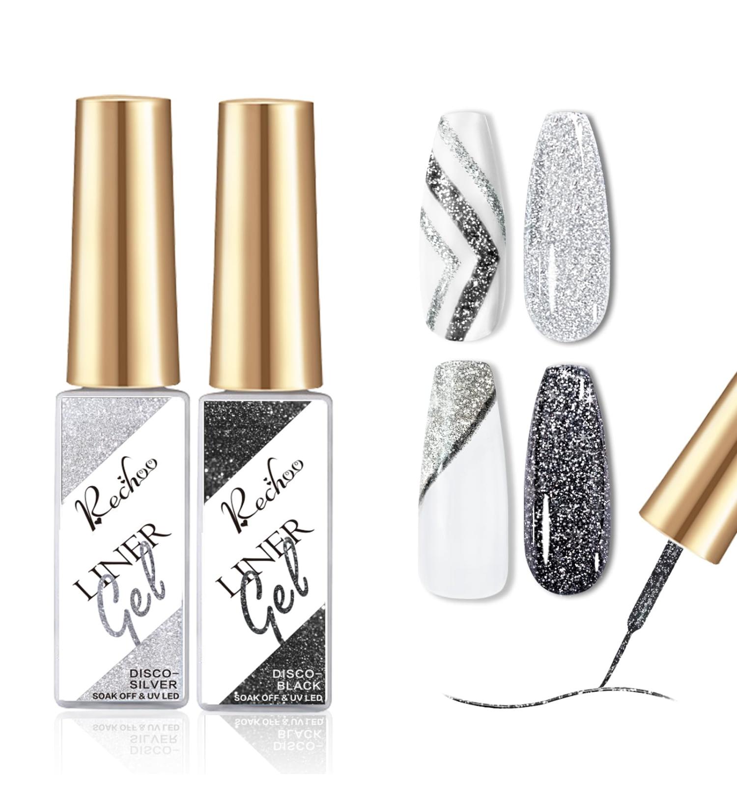 Rechoo 2PCs Black & Silver Reflective Glitter Gel 8ml Nail Polish for Nail Art & Design | Sparkly Gel Liner for Stunning Nail Looks - Buy Online on GoSupps.com