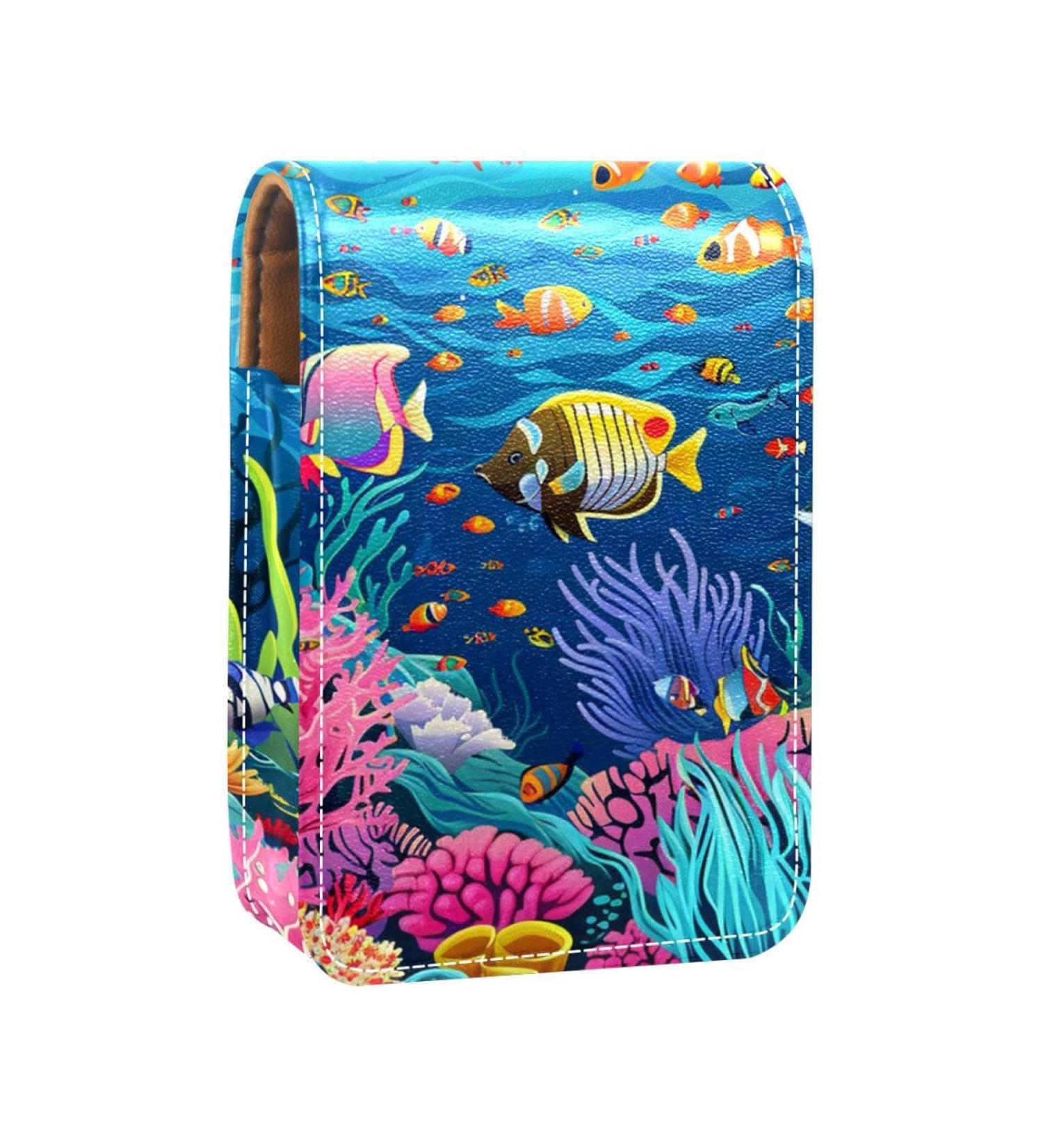 Travel Lipstick Organizer Case - Portable Makeup Bag with Mirror | Undersea Fish Coral Design - Ship Worldwide - Buy Online on GoSupps.com
