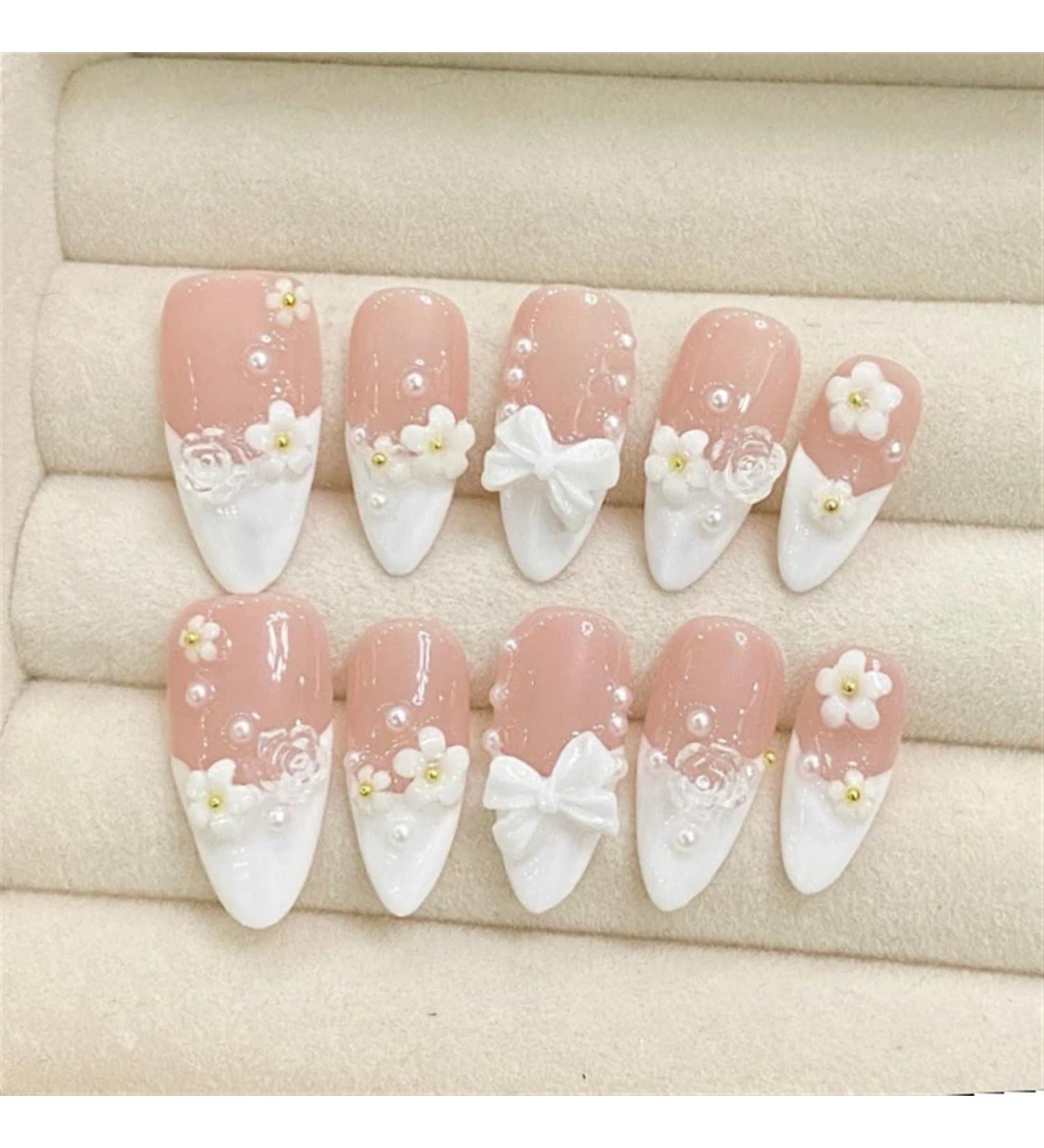 Nail Tips False Nails Tips Art Press on Nails Aurora Almond Handmade Press On Nails Full Cover Bowknot Design French Fake Nail Artificial Manicure Nails(7 Size S) - Buy Online on GoSupps.com