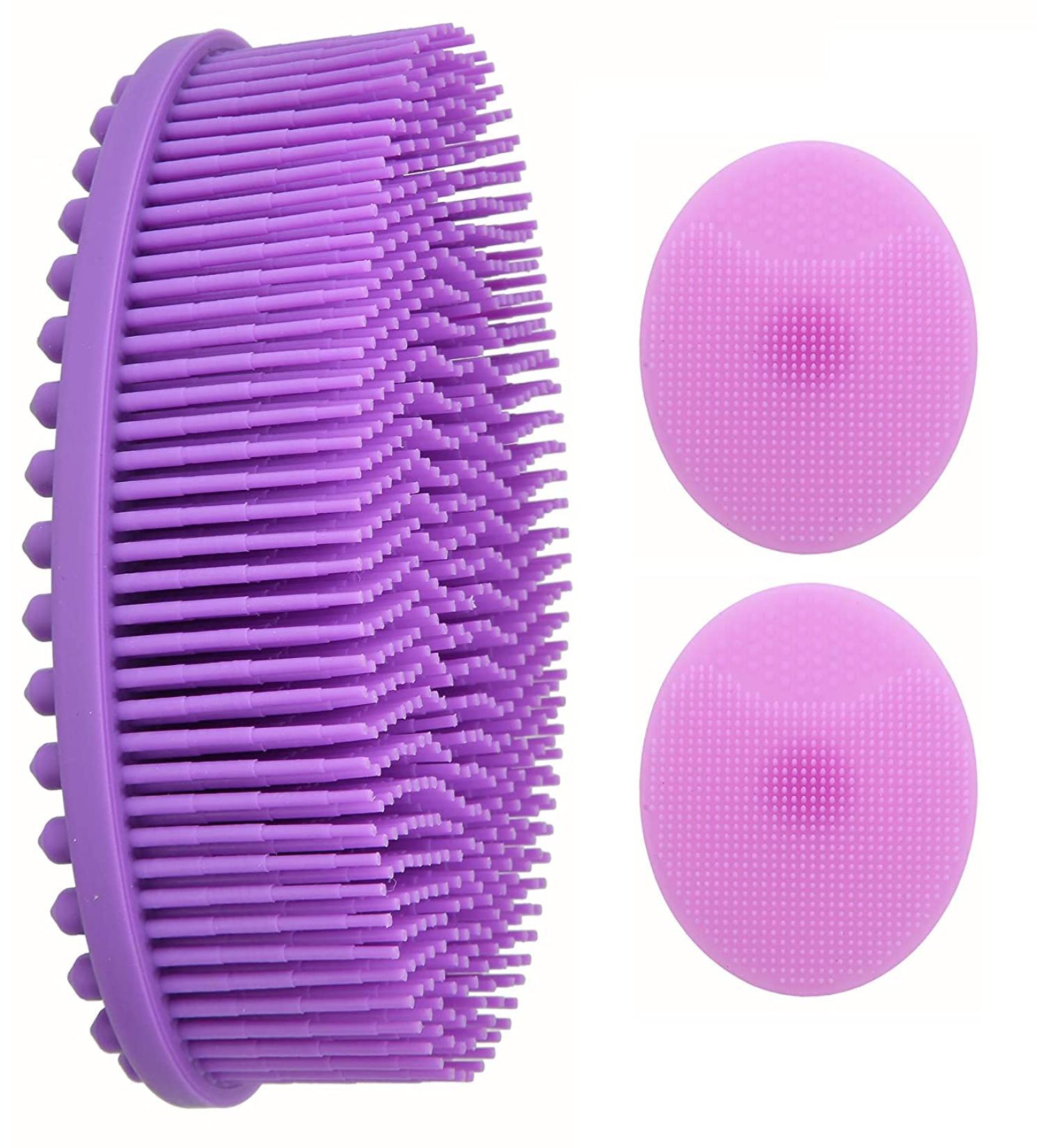 Exfoliating Silicone Body Scrubber with 2 Soft Facial Cleansing Brush  Hygienic Easy to Clean Exfoliating Brush Silicone Loofah  Massager Silicone Bath Body Brush Pink