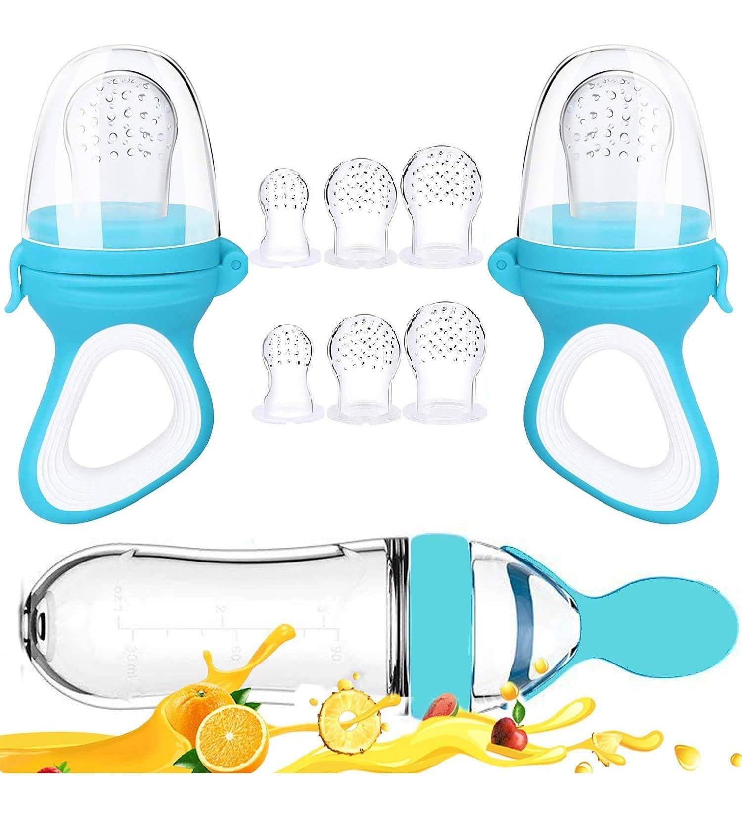 Baby Food Feeder Fresh Food - 2 Pack Fruit Feeder Pacifier Set | 6 Silicone Pacifiers | Baby Feeding Spoon | Teething Toy - Light Blue - Buy Online on GoSupps.com
