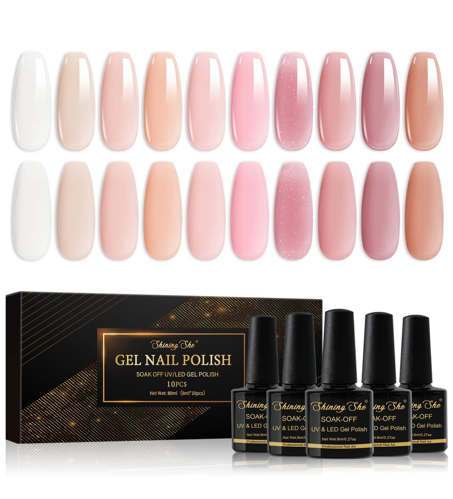 Shining She Jelly Gel Nail Polish Kit - 10 Color UV/LED Soak-Off Gel Set for Salon and Home Nail Art - 8ML - Buy Online on GoSupps.com