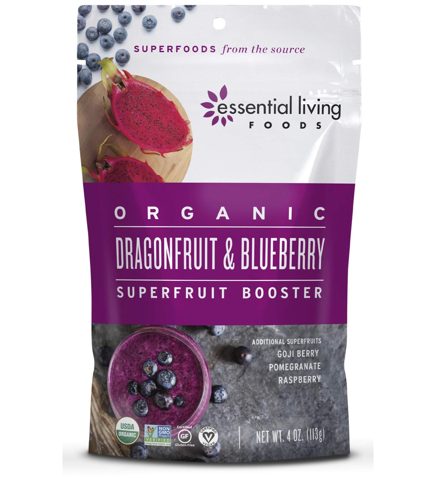 Organic Dragonfruit & Blueberry Superfruit Booster Mix - 4oz Resealable Bag | Essential Living Foods - Buy Online on GoSupps.com