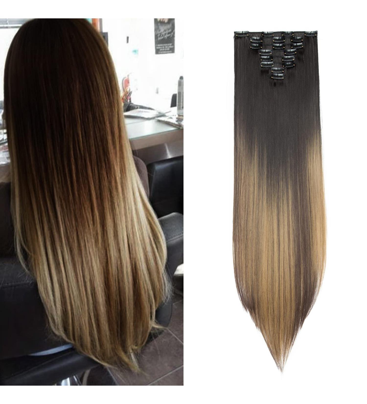 Silk-co 26 Clip in Hair Extensions 8Pcs - Natural Black to Blonde Ombre Synthetic Heat Resistant Hairpiece Extension - Buy Online on GoSupps.com