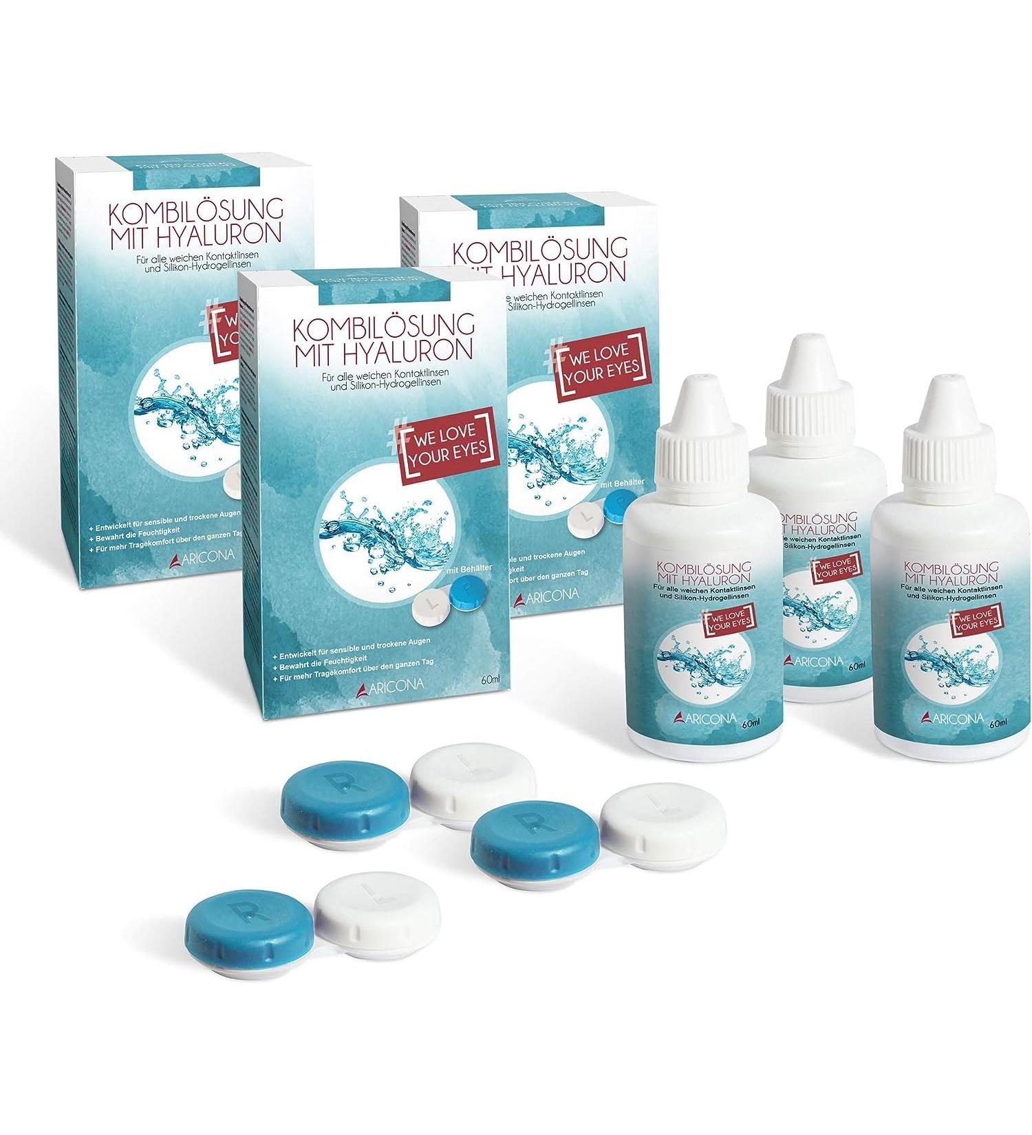 Shop Aricona Contact Lenses Fluity - 3 x 60ml Hyaluron All-in-One Care & Container - Premium Lens Fluid - Buy Online on GoSupps.com