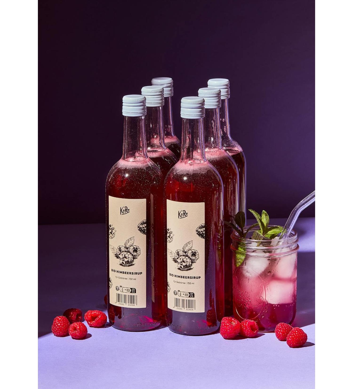 KoRo - Organic Raspberry Syrup 6 x 750 ml - Fruity raspberry syrup - Made with organic raspberry juice - Sweetened with cane sugar - For water drinks and desserts - Buy Online on GoSupps.com