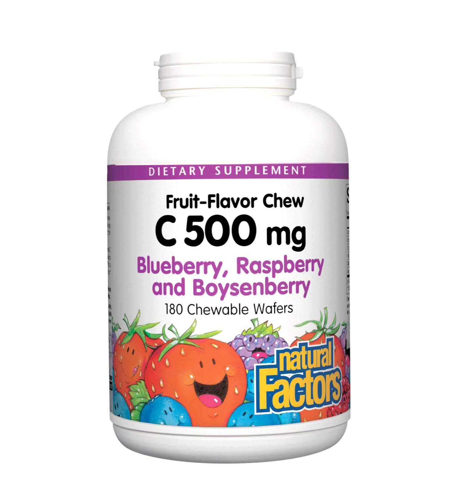 Natural Factors Vitamin C Chewable Wafers - 100% Natural Blueberry, Raspberry & Boysenberry - 500 mg, 180 Count - Buy Online on GoSupps.com