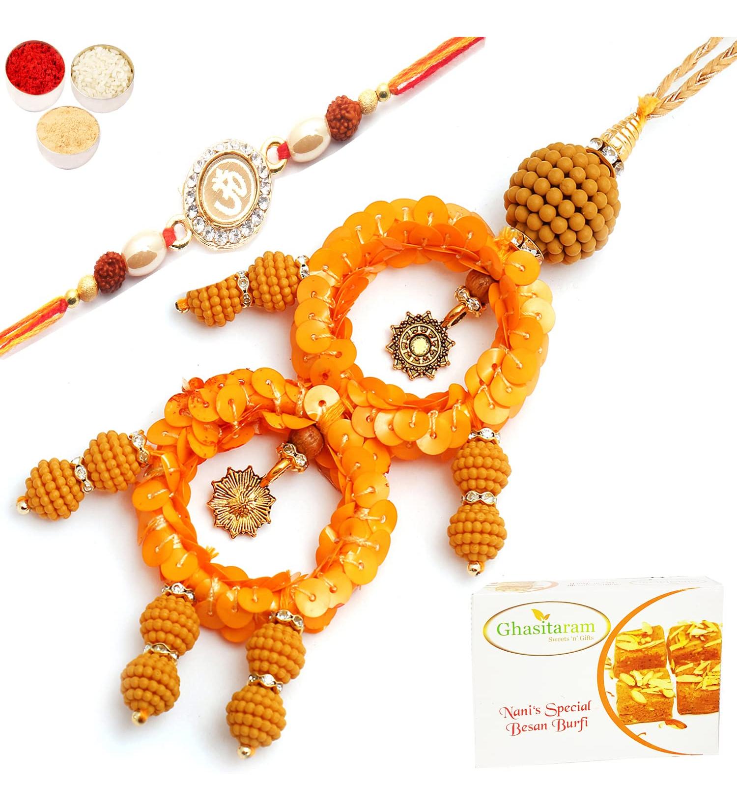 Ghasitaram Gifts Rakhis Online - Rakhi for Brother- Sisters Blessings rm073 Bhaiya Bhabhi Rakhi with 200 GMS of Besan Barfi Rakhi Set with 200 gms of Besan Barfi - Buy Online on GoSupps.com