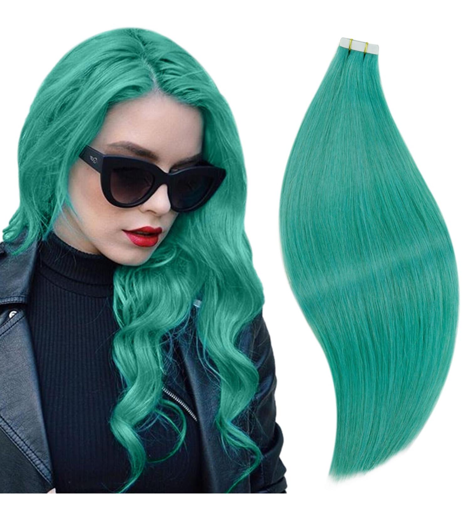 RUNATURE Teal Tape Hair Extensions - Human Hair Blue-Green 16 Inch 25g Tape-In Colored Extensions - Buy Online on GoSupps.com