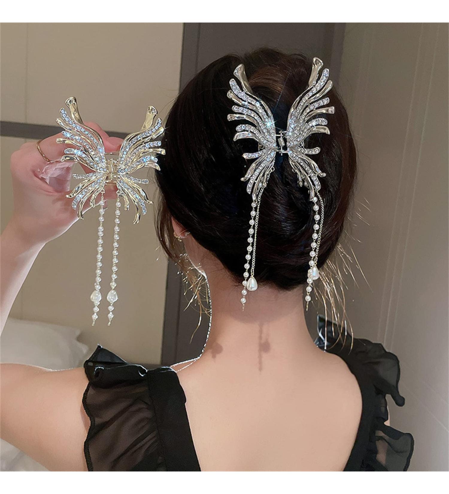 2PCS Butterfly Rhinestone Pearl Hair Claw Clips - Chinese Style Hanfu Hair Accessories for Women - Buy Online on GoSupps.com