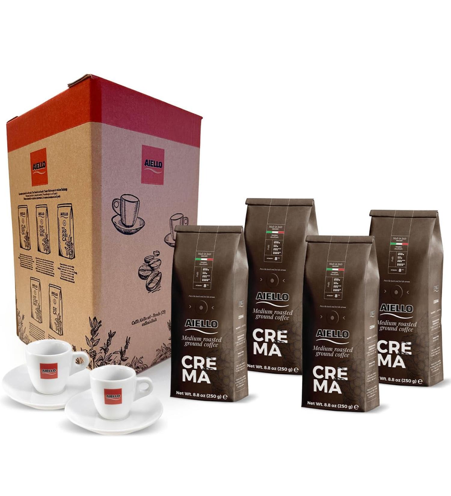  Aiello Cafe Aiello Special Box 4 x 250g Soft Pack ground crema Medium roast in a protective atmosphere with a flue protection valve + pairs of cups with saucers - Buy Online on GoSupps.com