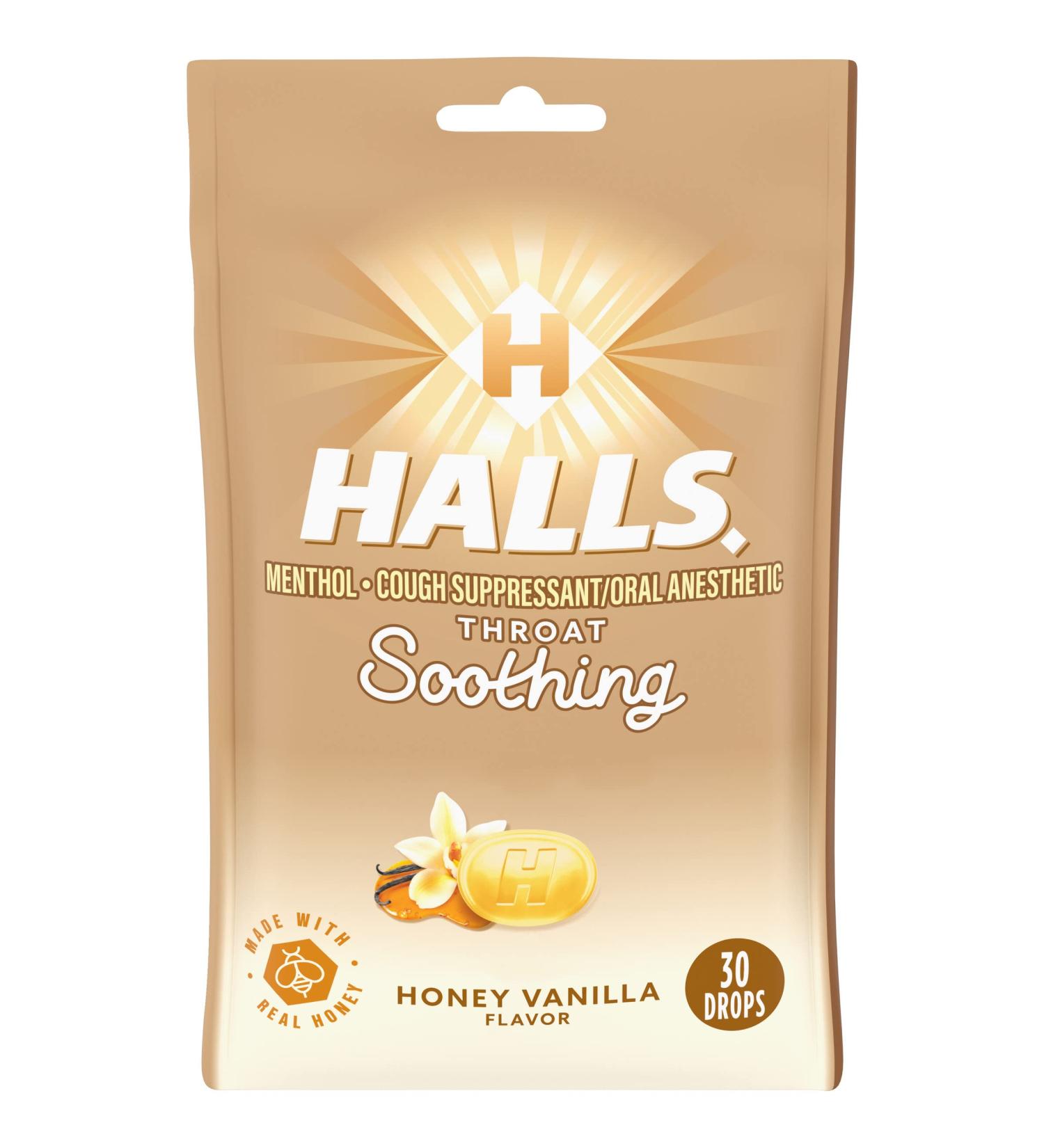 HALLS Throat Soothing Honey Vanilla Cough Drops 30 Drops - Fast Relief - Buy Online on GoSupps.com