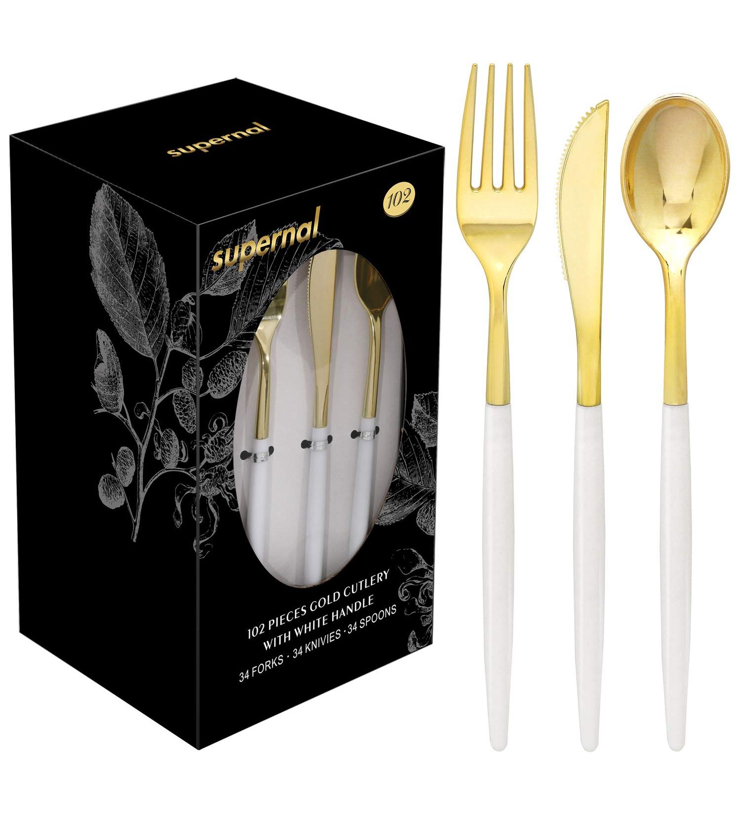 Supernal 102pcs Gold Plastic Cutlery Set with White Handle - Perfect for Wedding, Birthday Parties - Disposable Silverware Include Forks, Knives, Spoons - Buy Online on GoSupps.com