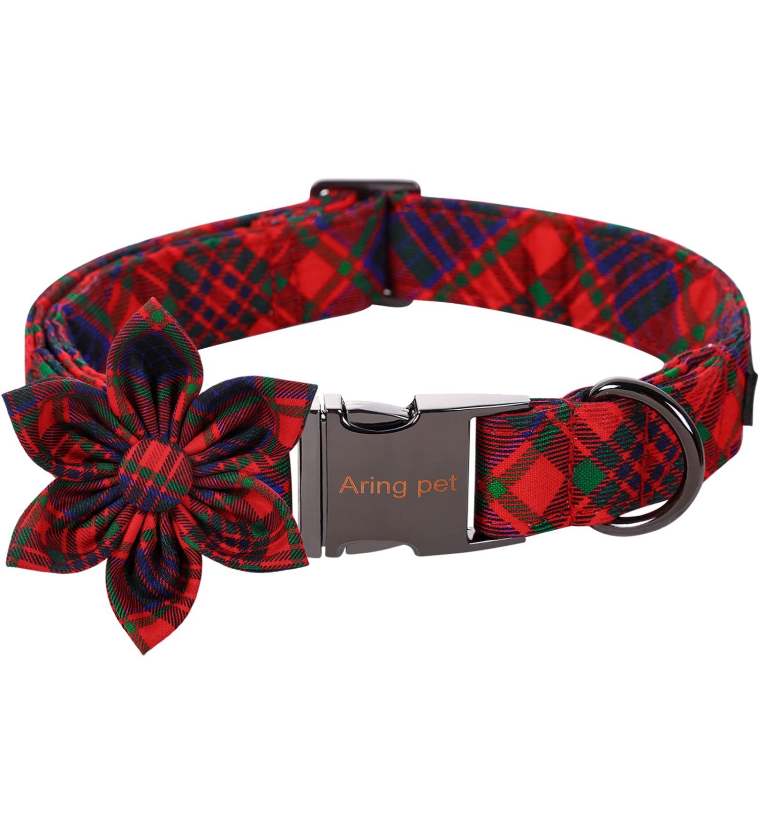 Aring Pet Christmas Dog Collar - Cute Checkered Design with Flower | Comfortable Metal Buckle for Small Medium & Large Dogs - XS Christmas Style - Buy Online on GoSupps.com