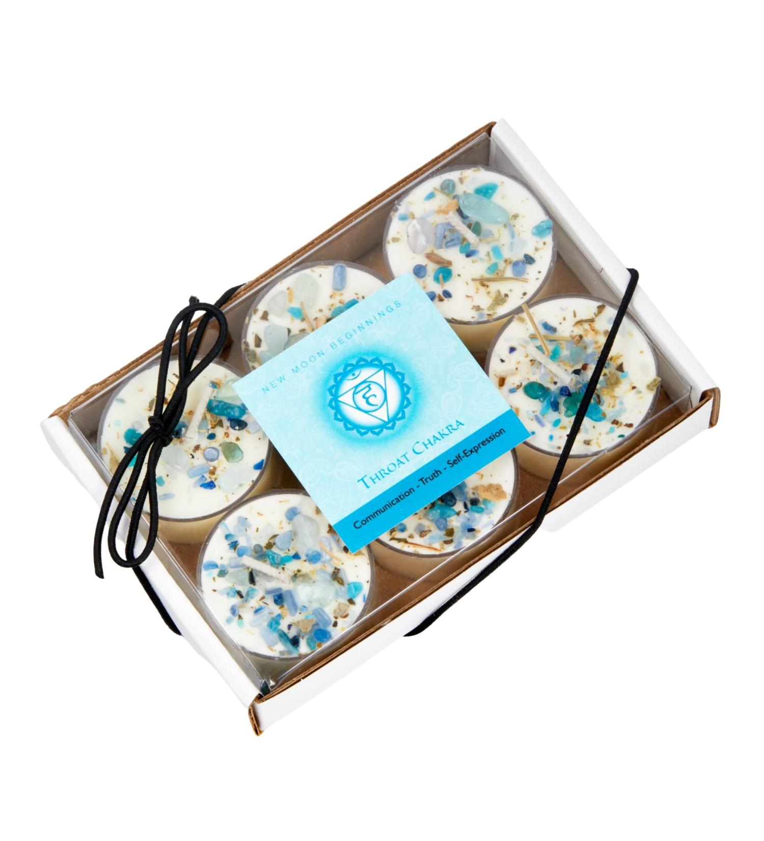 Throat Chakra Candle Set | New Moon Beginnings | Aromatherapy Tealights | Dried Flowers Herbs & Crystals | International Shipping Available - Buy Online on GoSupps.com
