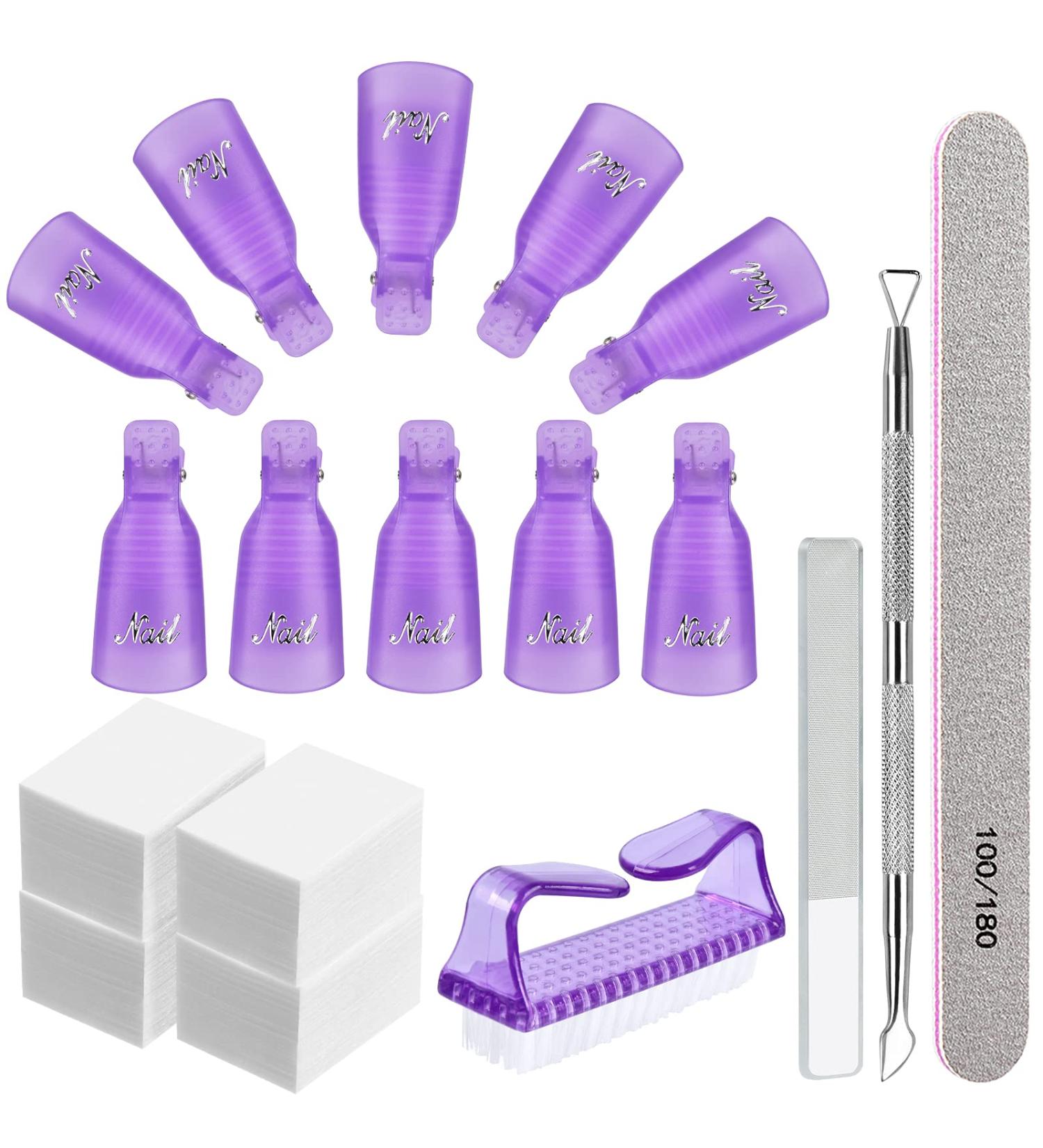 MORGLES Gel Nail Remover Kit - 10 Nail Clips, 300 Cotton Pads, Files, Shiner, Cuticle Pusher, Brush - Purple - Buy Online on GoSupps.com