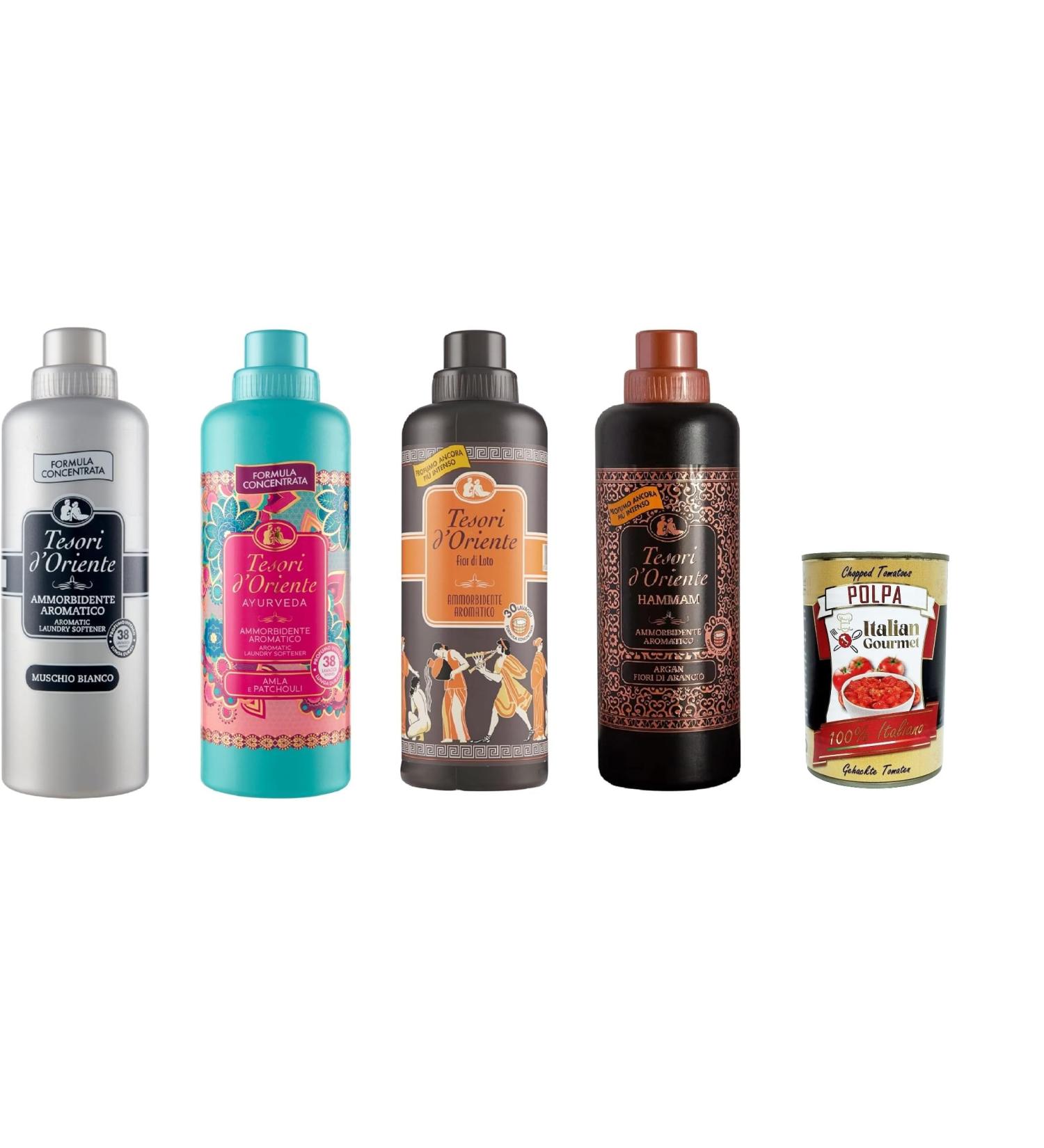 Test Pack Tesori d'oriente Softener Muschio Bianco Fiori di loto Ayurveda Hammam 4 x 750 ml + Italian Gourmet Polpa 400 g - Buy Online on GoSupps.com