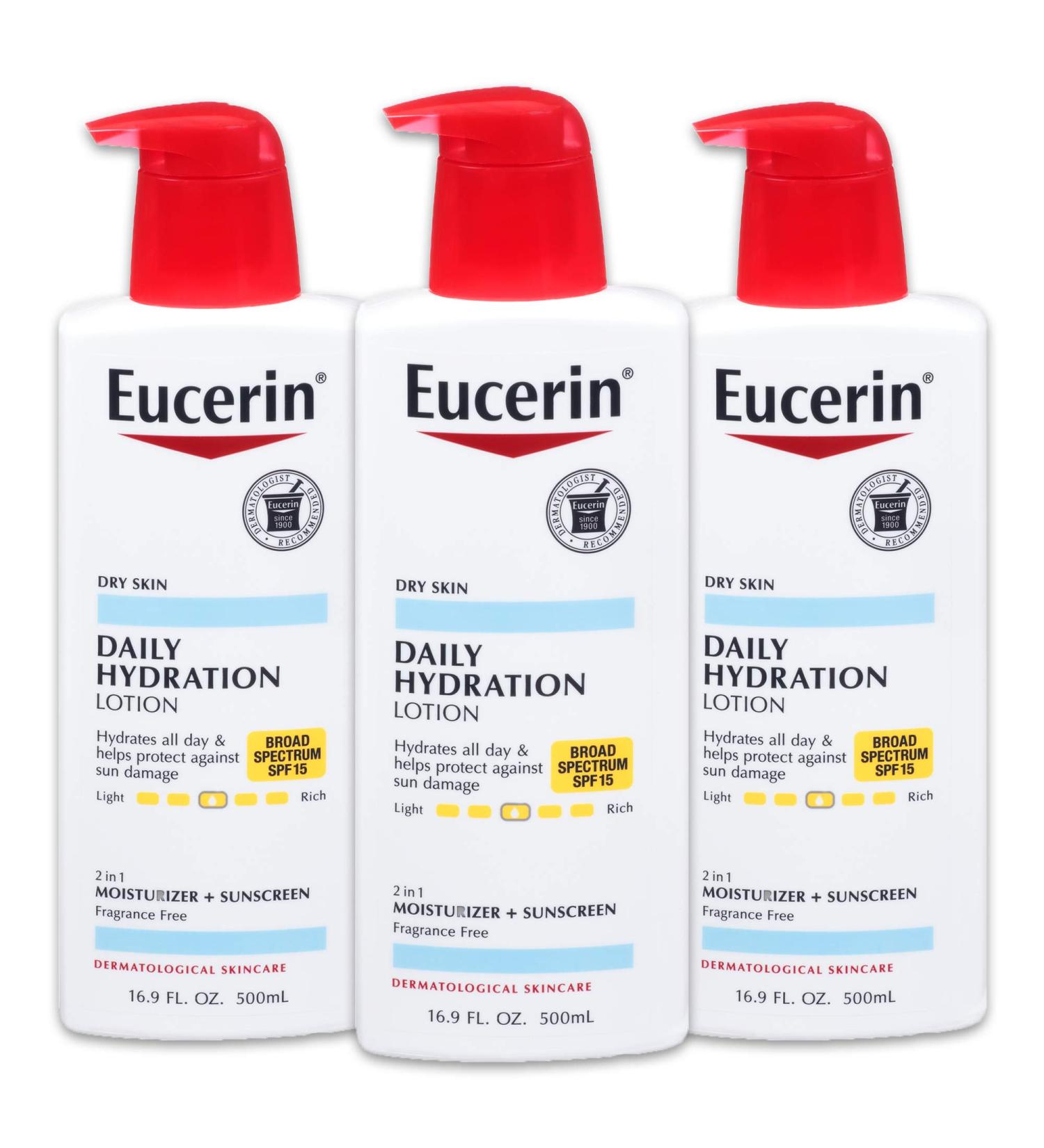 Eucerin Daily Hydration Lotion SPF 15 - 3 Pack, 16.9 fl. oz, Broad Spectrum Body Lotion for Dry Skin - Buy Online on GoSupps.com