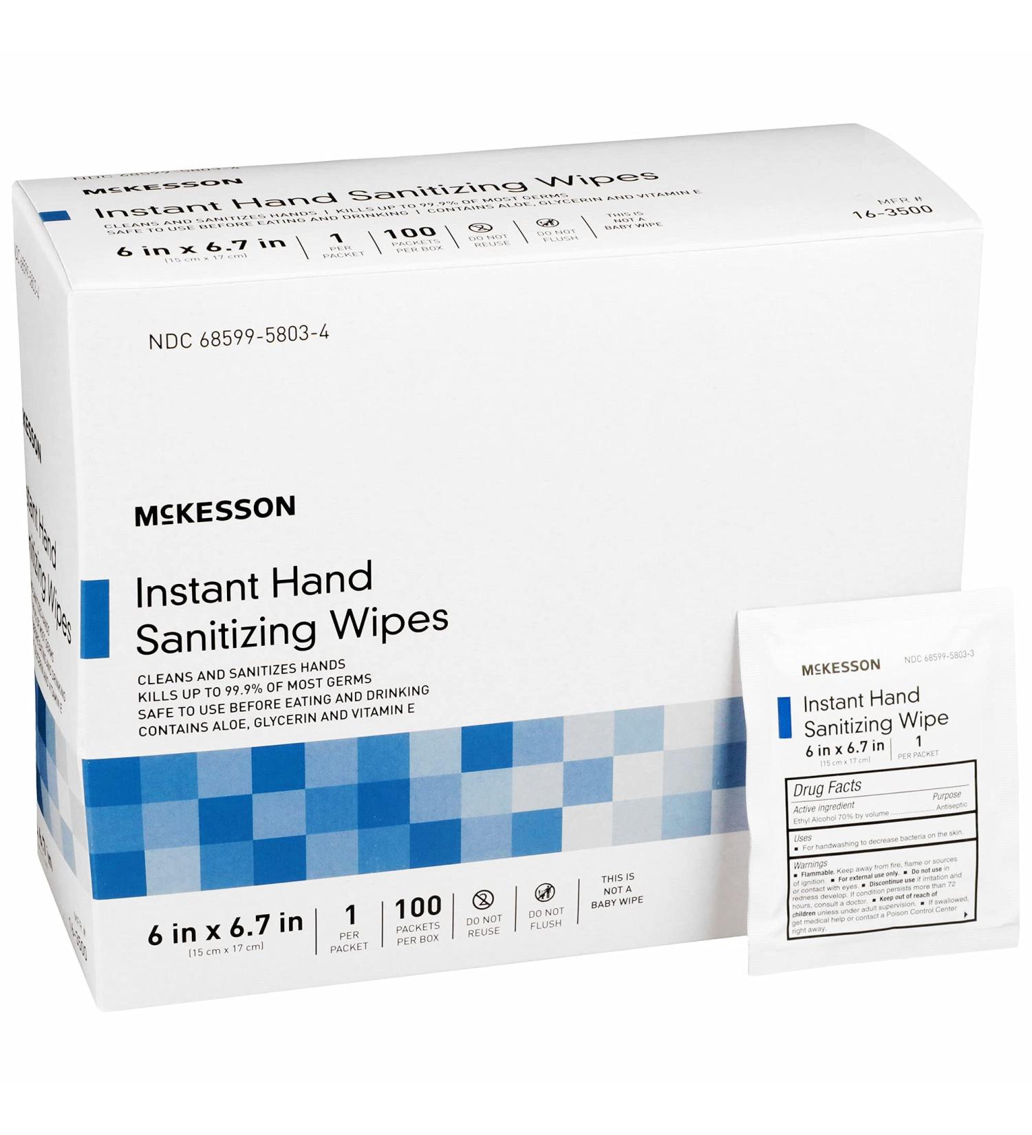 McKesson Hand Sanitizing Wipes - 100 Individually Wrapped Towelettes for Travel, Moisturizing with Aloe and Vitamin E - 1 Pack - Buy Online on GoSupps.com