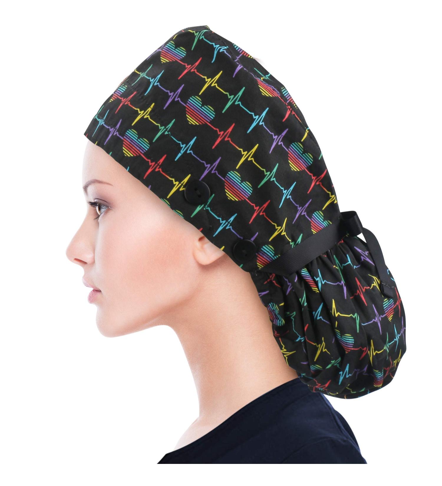 ABAMERICA Women's Surgical Scrub Cap with Ponytail Holder Personalized Nurse Hat for Long Hair | D02 Heart Beating Design - Buy Online on GoSupps.com
