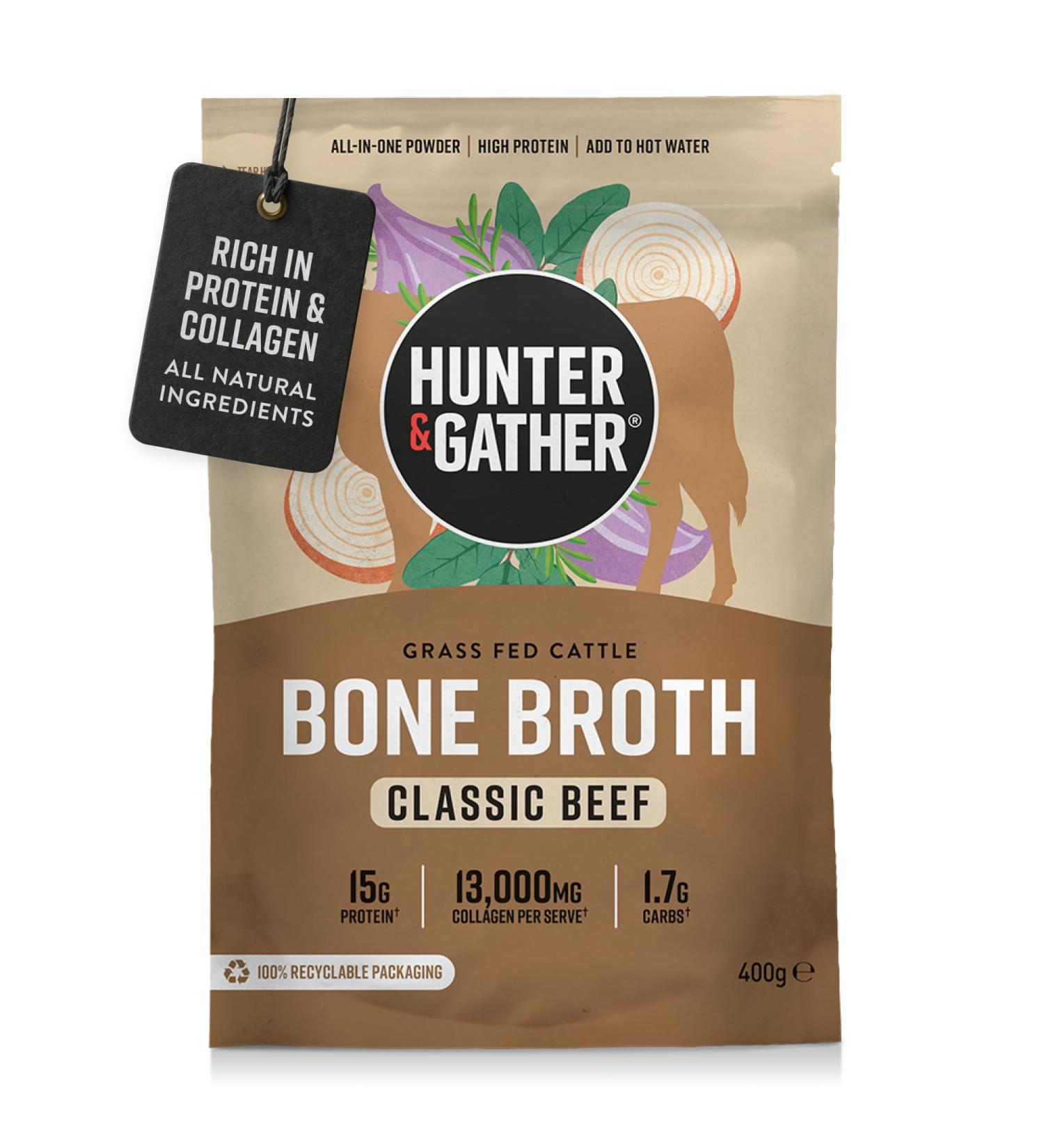 Hunter & Gather Bouillon d Os de B uf en Poudre 400g | 15g de Prot ines & Collag ne de B ufs Europ ens Nourris l Herbe | Instantan Sans Gluten | Pr t l Emploi | 74kcal/portion - Buy Online on GoSupps.com