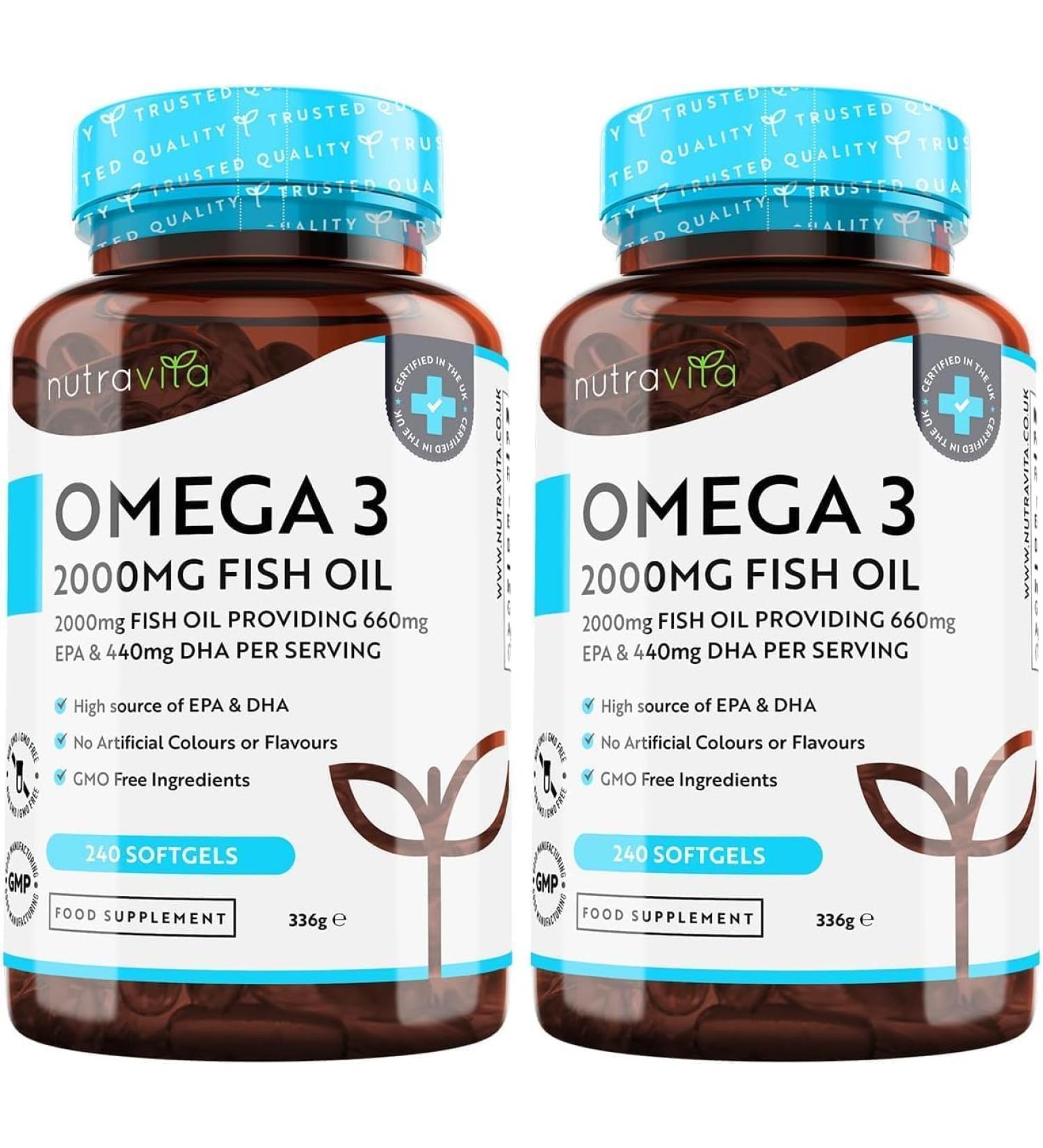 Nutravita Omega 3 Fish Oil 2000mg with 660mg EPA & 440mg DHA per Serving Double Pack of 240 Softgel Capsules with High Dose Pure Fish Oil DHA and EPA for normal heart function - Buy Online on GoSupps.com