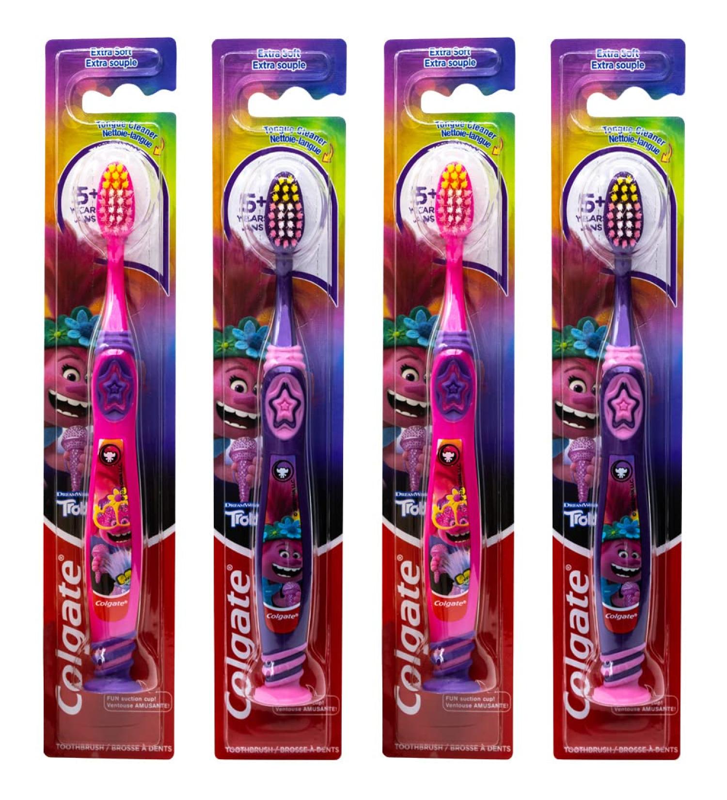 Colgate Kids Trolls Toothbrush - Pack of 4, Extra Soft Bristles, Ages 5+, Suction Cup, Assorted Colors - Buy Online on GoSupps.com