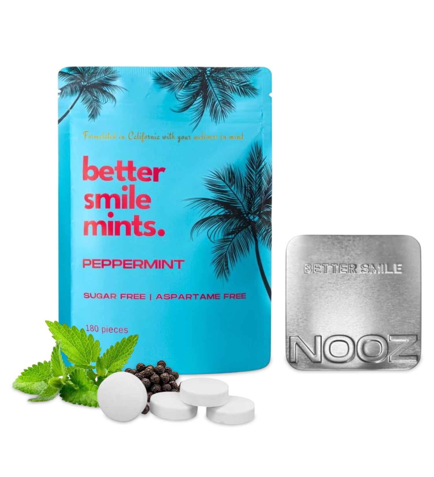 NOOZ Better Smile Mints 180 Count | Oral Health & Fresh Breath Support | Gum & Teeth Care, pH Balance | Sugar-Free, Aspartame-Free | Peppermint Flavor | Includes Premium Refillable Tin Peppermint REFILL BAG - Buy Online on GoSupps.com