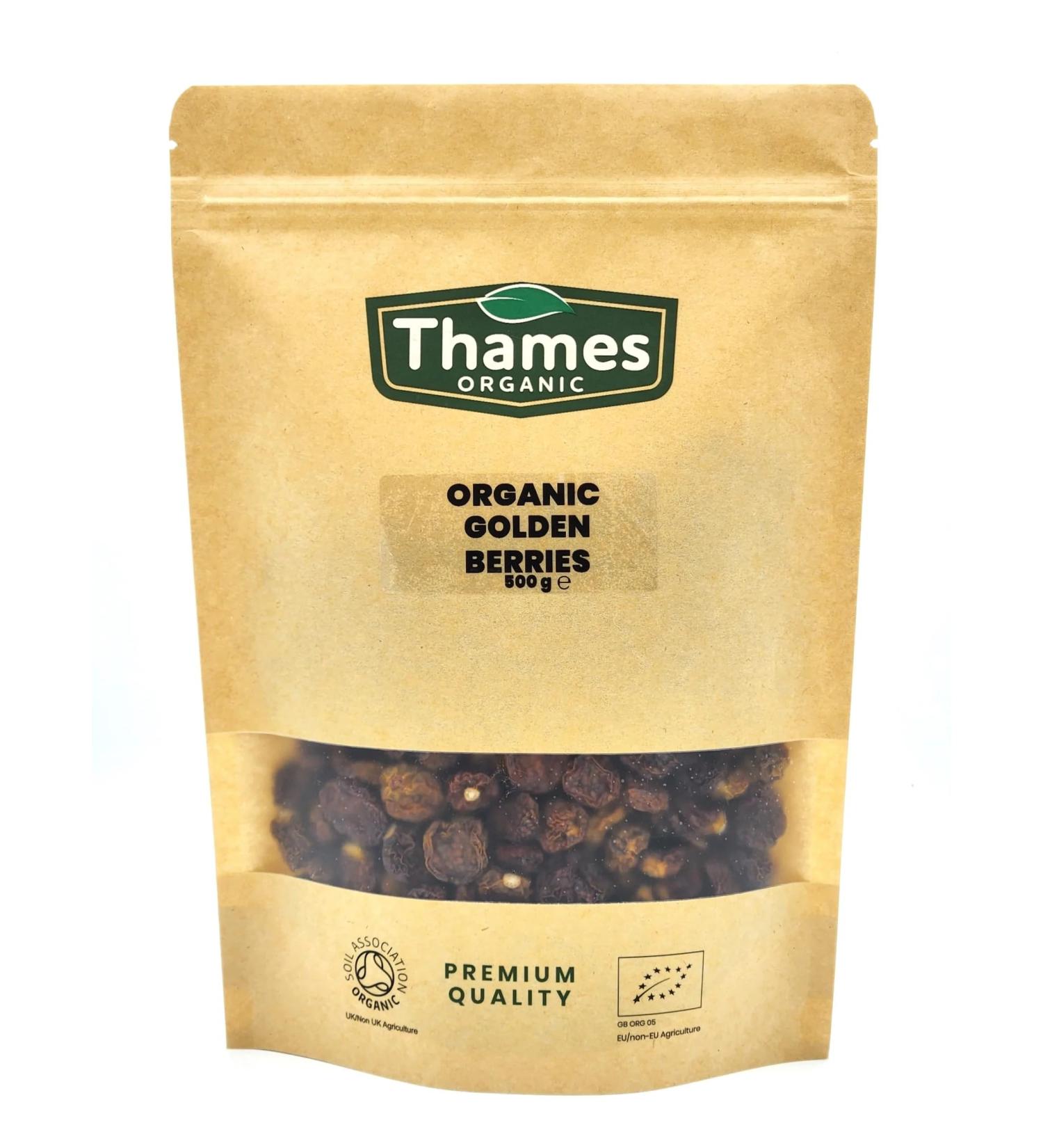 Organic Golden Berries 500g -Sun Dried Unsweetened Unsulphured Vegan GMO-Free Certified Organic - No Additives or Preservatives - Nutritious Delicious and Sustainable - Thames Organic 500g - Buy Online on GoSupps.com
