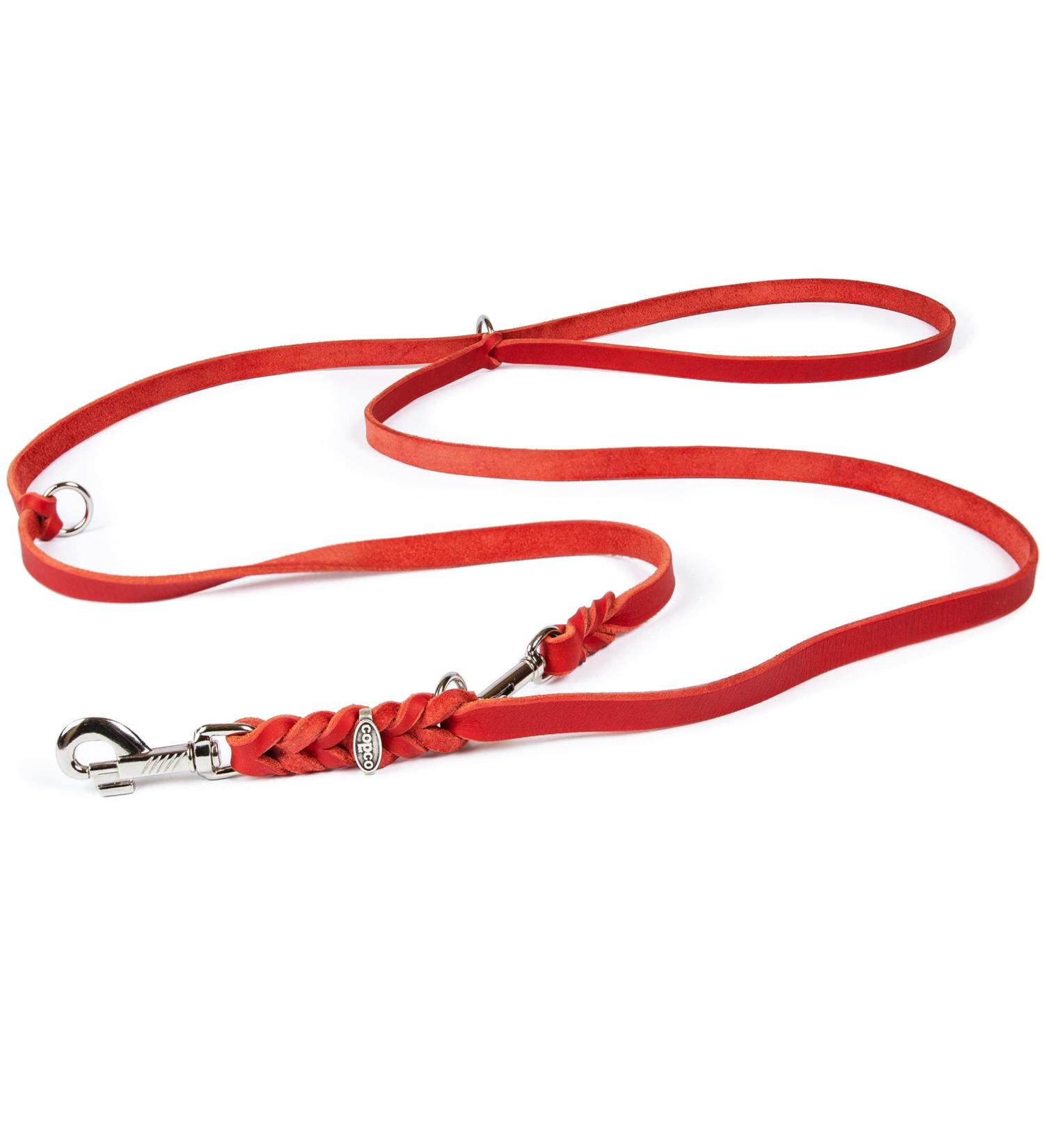 COPCOPET 3-Way Adjustable Dog Leash - Handmade Soft Leather Chrome Carabiners 2m x 20mm Red | Durable Fat Leather Line for Dogs Ships Internationally - Buy Online on GoSupps.com