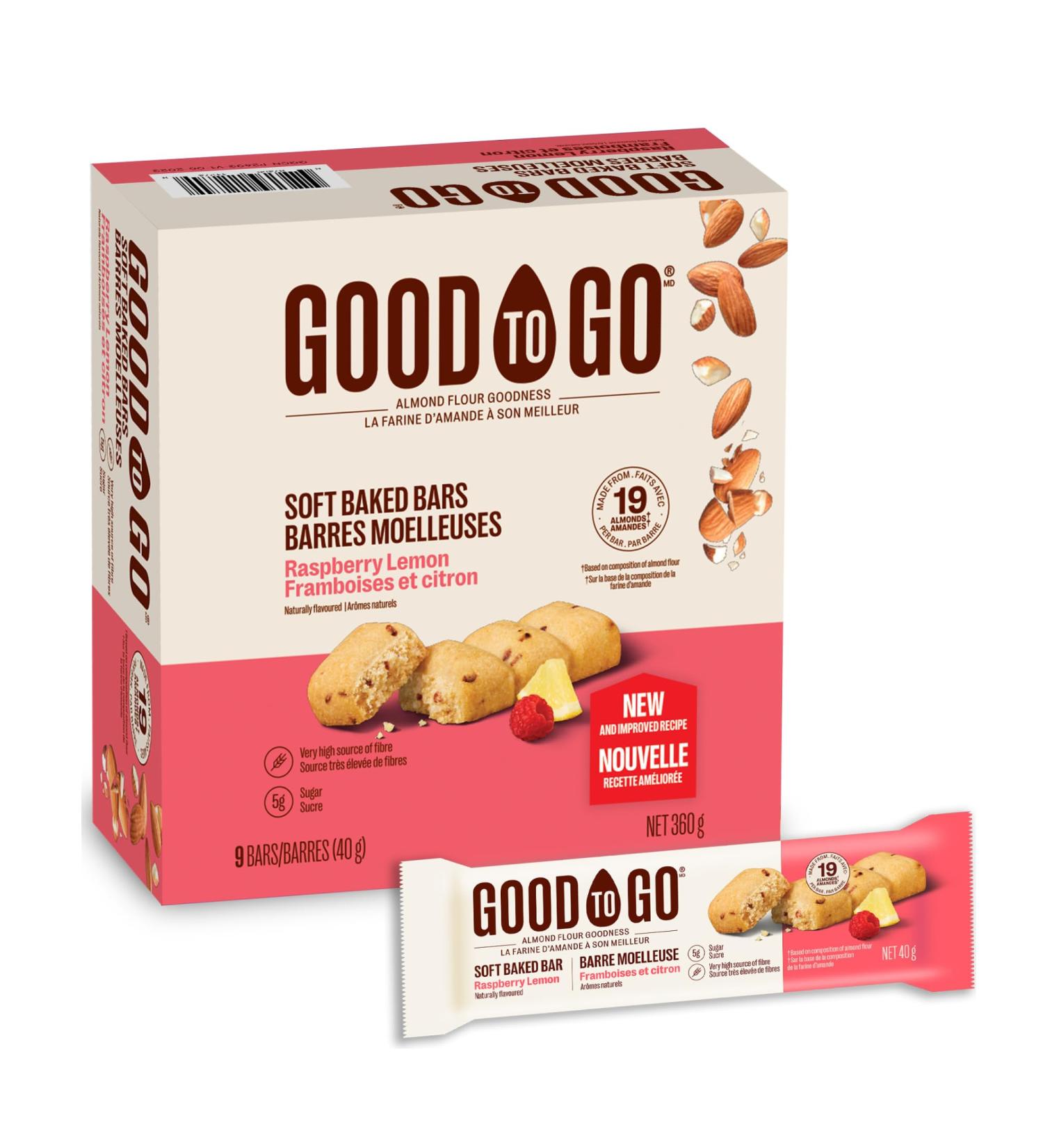 GOOD TO GO Raspberry Lemon Soft Baked Bars 40g x 9 Bars Very High in Fibre Almond Flour Non-GMO Snacks To Go - Buy Online on GoSupps.com