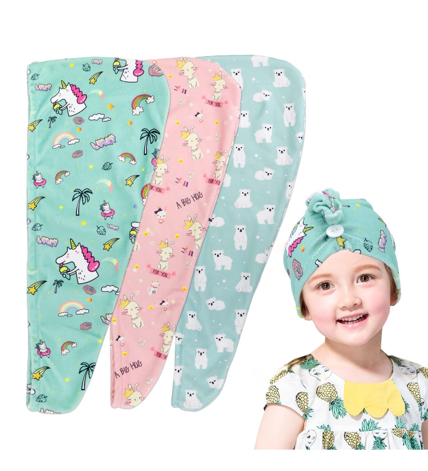 FAISOTY 3Pcs Microfiber Hair Towel for Kids - Quick Drying Hair Towel with Button - Ideal for Wet Hair Drying - Kids/Girls/Women - Buy Online on GoSupps.com