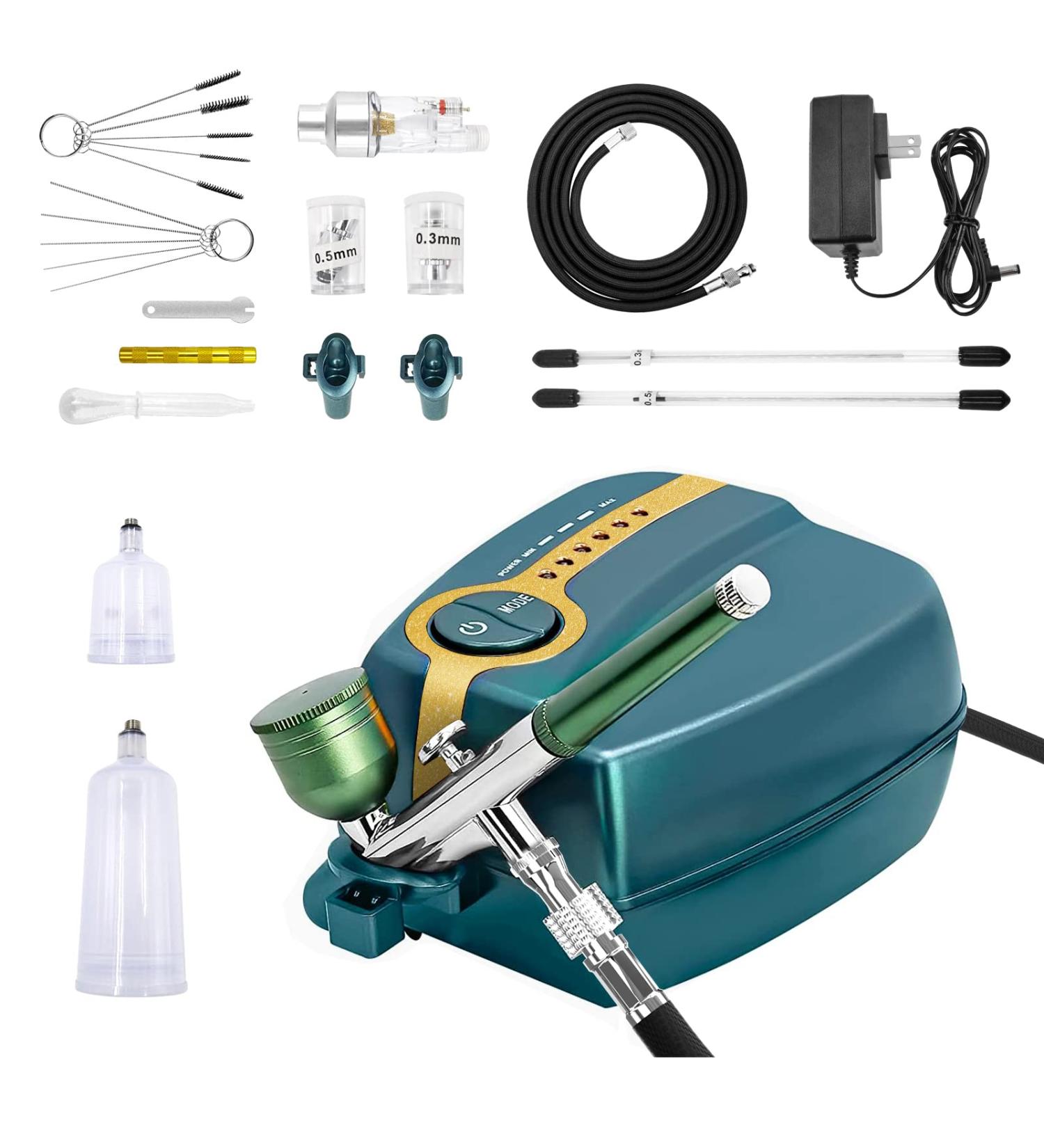 Tplook Upgraded 37PSI Airbrush Kit - Dual-Action Multi-Function 5-Stage Pressure Adjustment - Automatic Stop Compressor for Makeup, Painting, Tattoo, Cake Decorating - Green - Buy Online on GoSupps.com