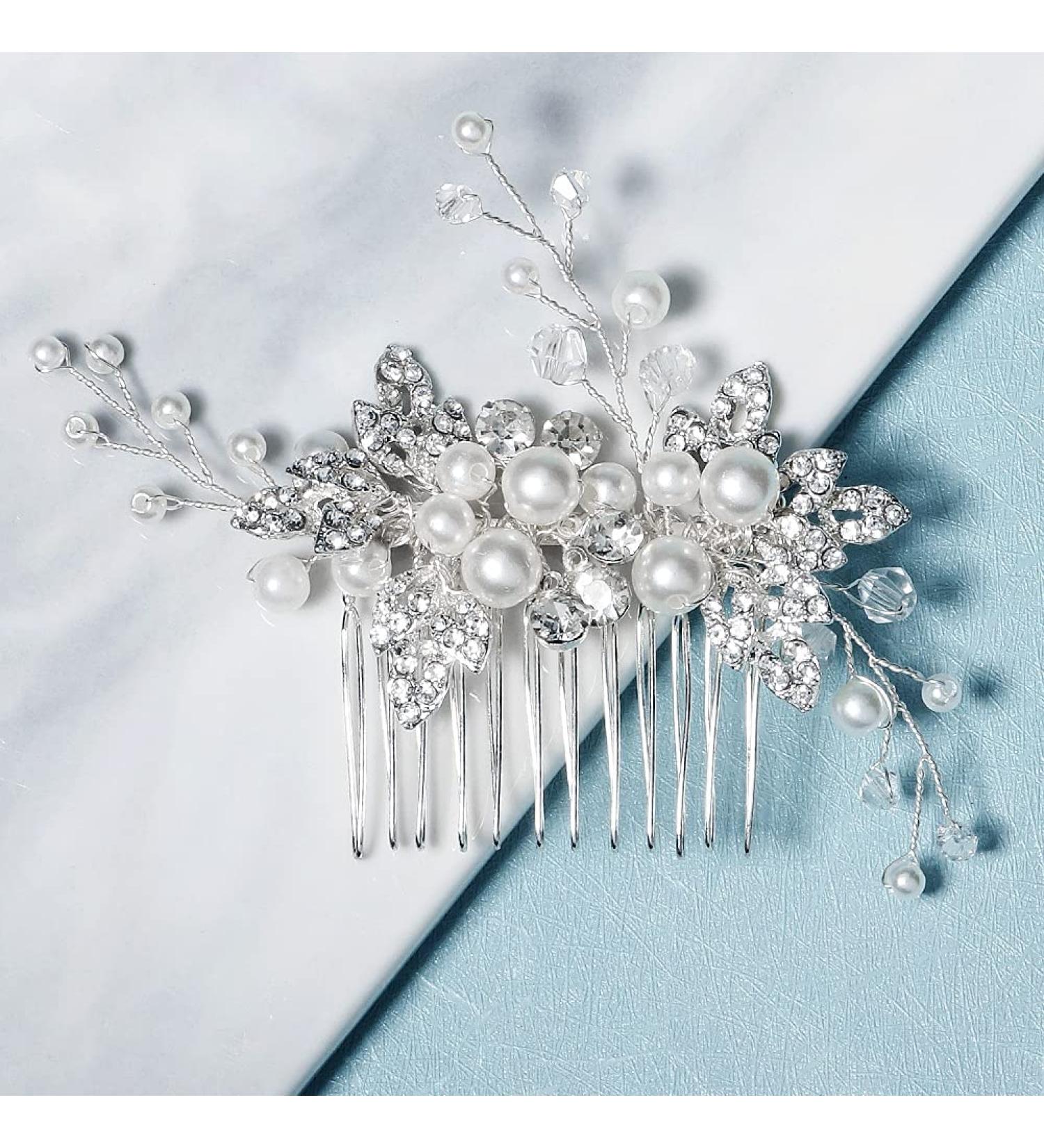 Pearl Bridal Hair Comb Sliver Wedding Bridal Pearl Hair Accessories for Women Handmade Rhinestone Wedding Hair Slides for Bride Bridesmaid - Buy Online on GoSupps.com