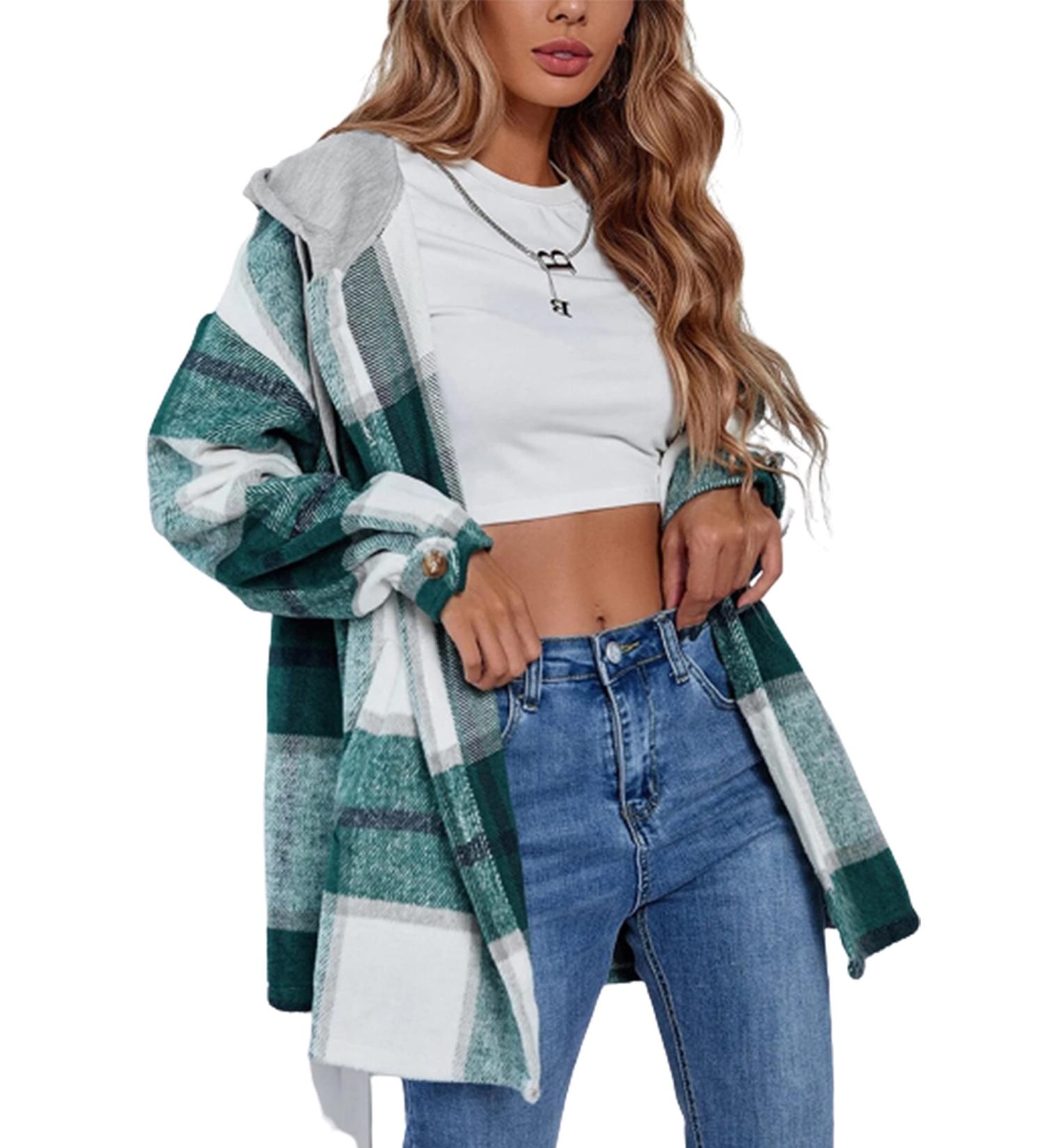 Xiaoxuemeng Women's Plaid Hooded Shacket Flannel Jacket - Green, Medium - Buy Online on GoSupps.com