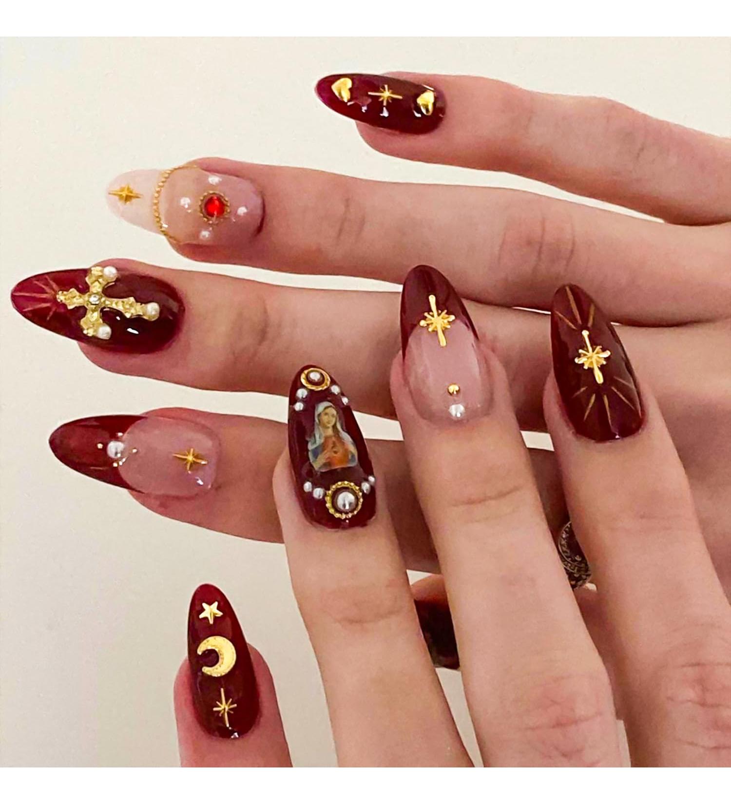 Shop Medium Press on Nails - Almond Acrylic Nails with Gold Burgundy French Tips & 3D Charms - Perfect Glue on Nails for Women - Buy Online on GoSupps.com