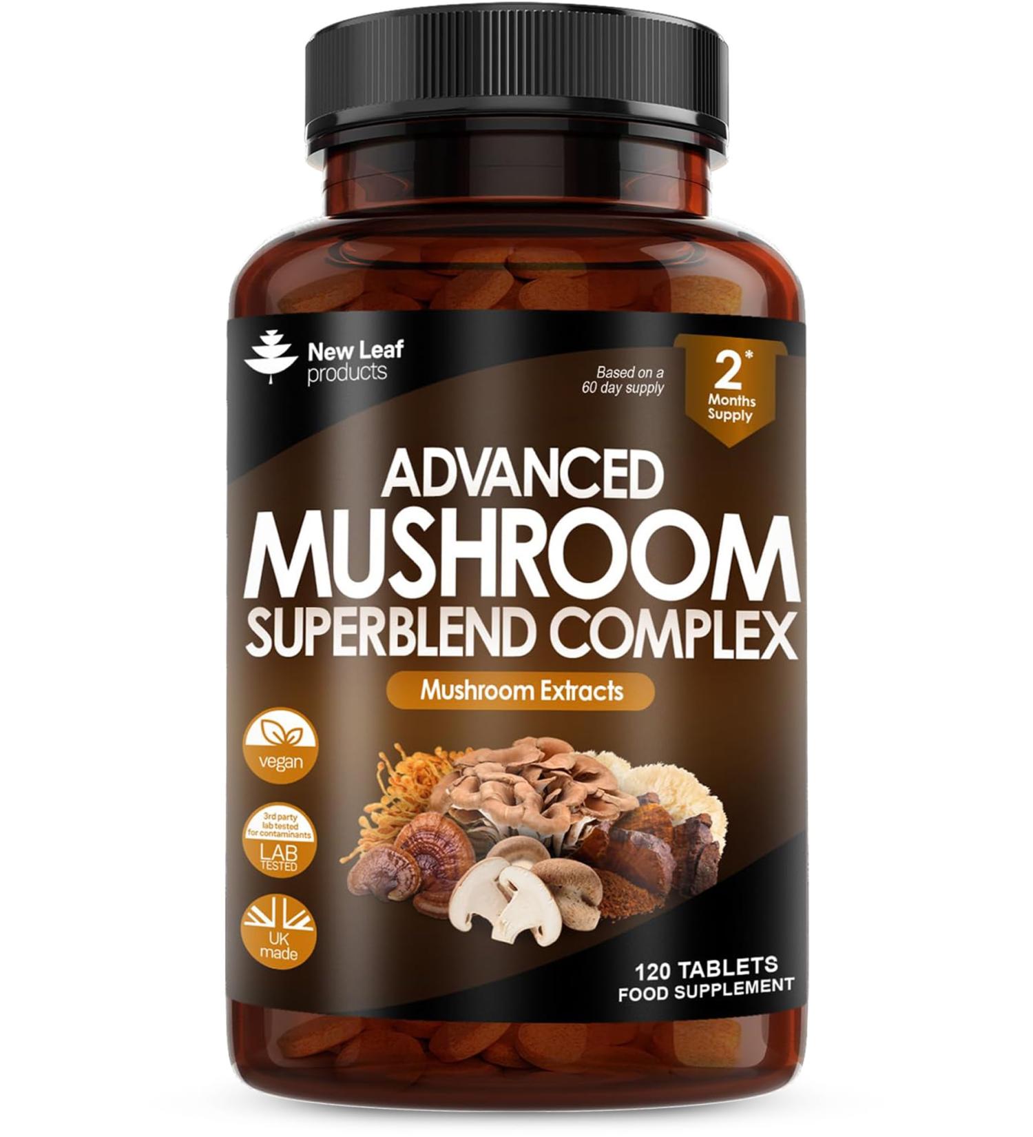 Mushroom Complex - Lions Mane + Cordyceps Chaga Reishi Shiitak Maitake Mushroomss Blend - High Potency Supplement - Made in The UK - 120 Tablets - Buy Online on GoSupps.com