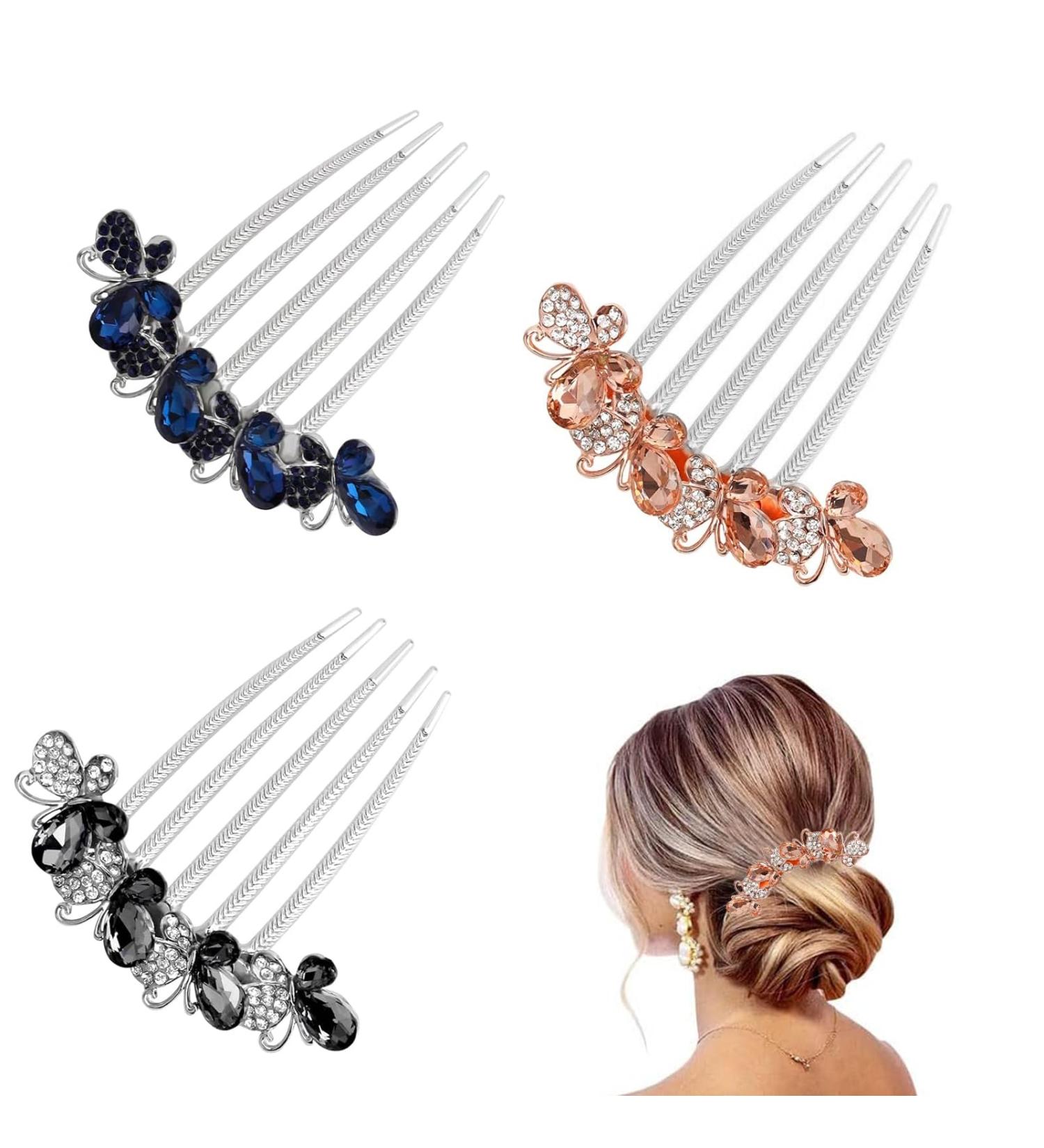 DHWEKU Rhinestone Hair Comb Hair Accessories Comb 3 Pieces Butterflies and Flowers Hair Comb with Rhinestones 3 Colours Bridal Hair Accessories Hair Side Comb for Women and Girls - Buy Online on GoSupps.com